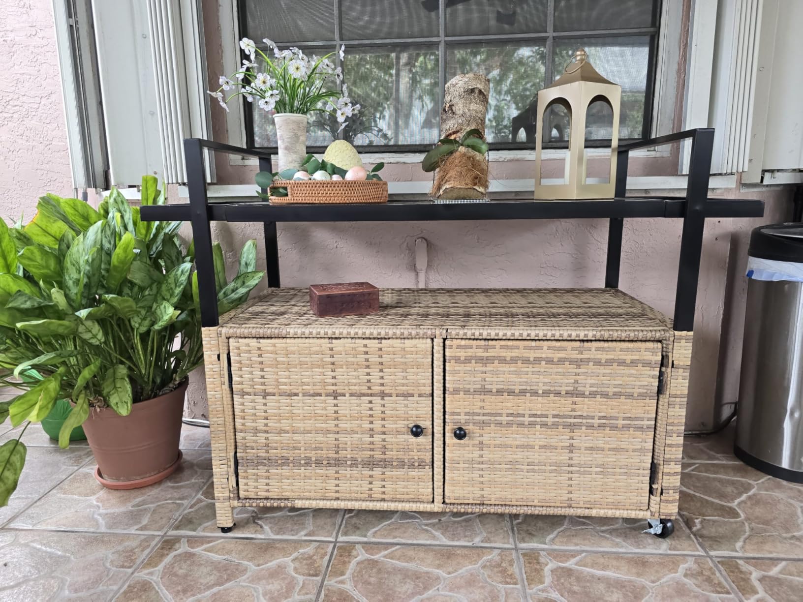 DWVO XL Outdoor Storage Cabinet,Patio Storage Table with Glass Top, Bar Table with Wheels,Outdoor Bar Cart for Patio, Poolside and Backyard,Light Brown customer photo 1