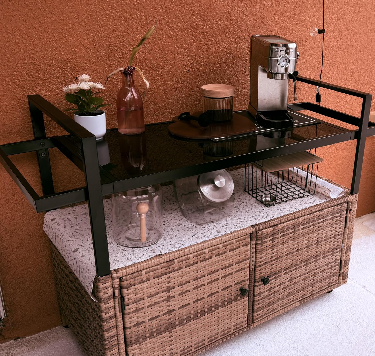 DWVO XL Outdoor Storage Cabinet,Patio Storage Table with Glass Top, Bar Table with Wheels,Outdoor Bar Cart for Patio, Poolside and Backyard,Light Brown customer photo 2