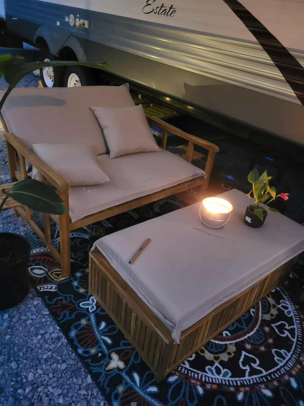 LDAILY Moccha Acacia Wood Outdoor Daybed - Wooden Loveseat Sofa with 4-Level Backrest, Storage Ottoman, Cushions, Outside Sunbed, Double Bed Lounger for Backyard Porch Pool Patio Furniture Set customer photo 2