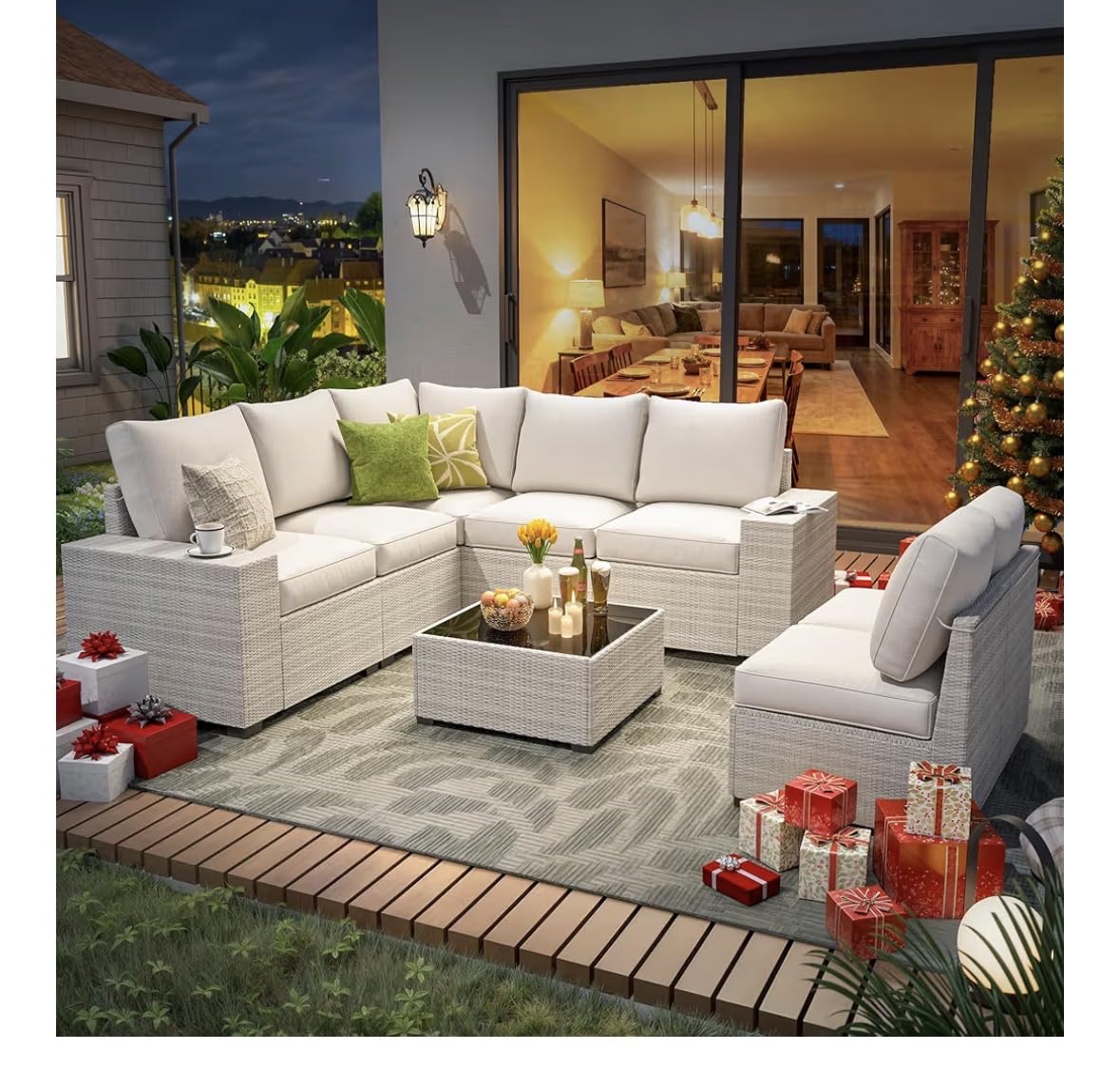 7 Piece Outdoor Patio Furniture Set, Outdoor Sectional Furniture, Rattan & Wicker Modern Modular Conversation Set Sectional Sofa W/Water Resistant Washable Thick Cushions and Coffee Table, Brown/Beige customer photo 1