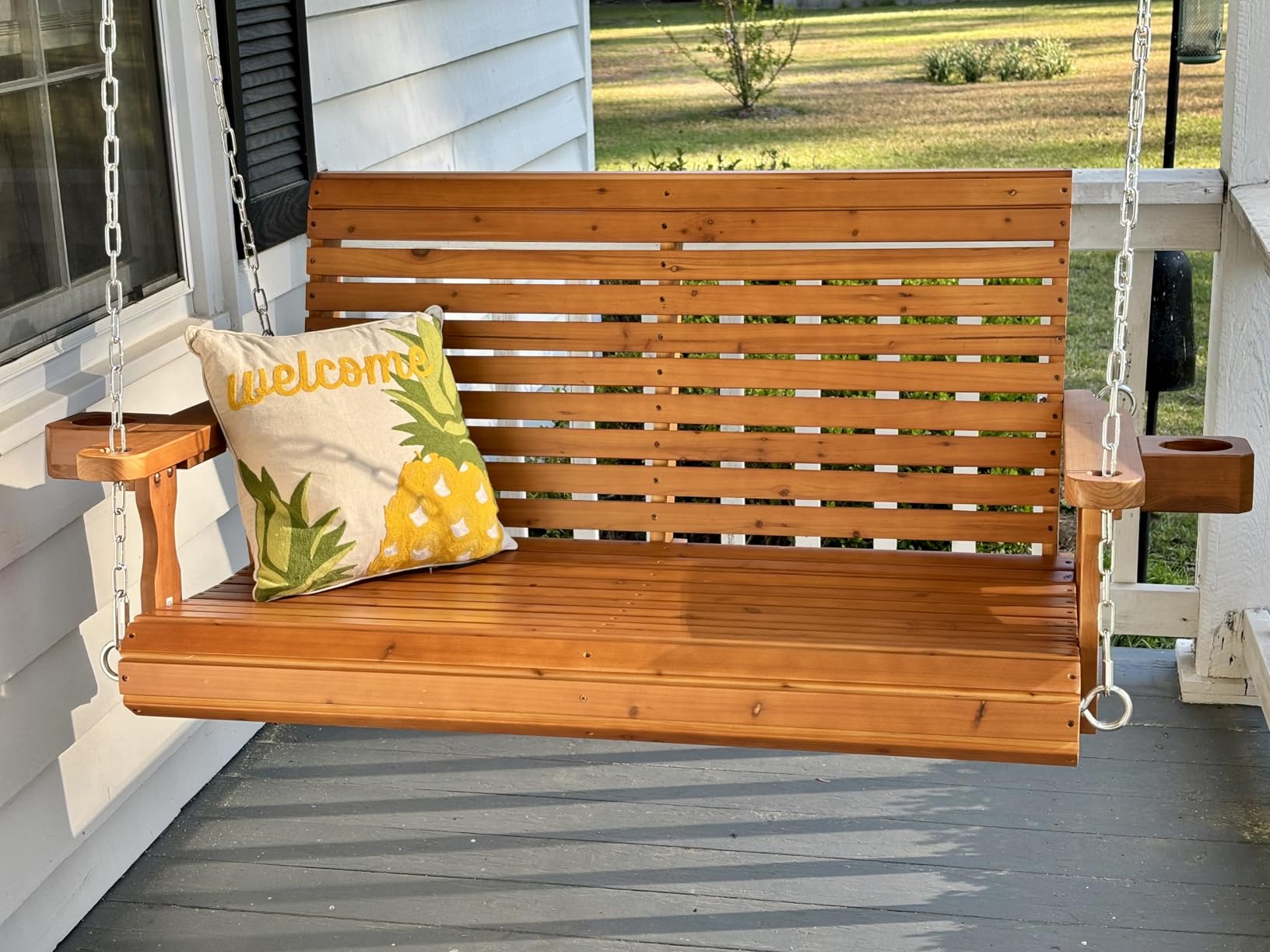 Wooden Porch Swing 3-Seater, High Backrest and Deep Seat, Bench Swing with Cupholders, Hanging Chains and 7mm Springs, Heavy Duty 880 LBS, for Outdoor Patio Garden (Carbon Black, 5 FT Extra Large) customer photo 1