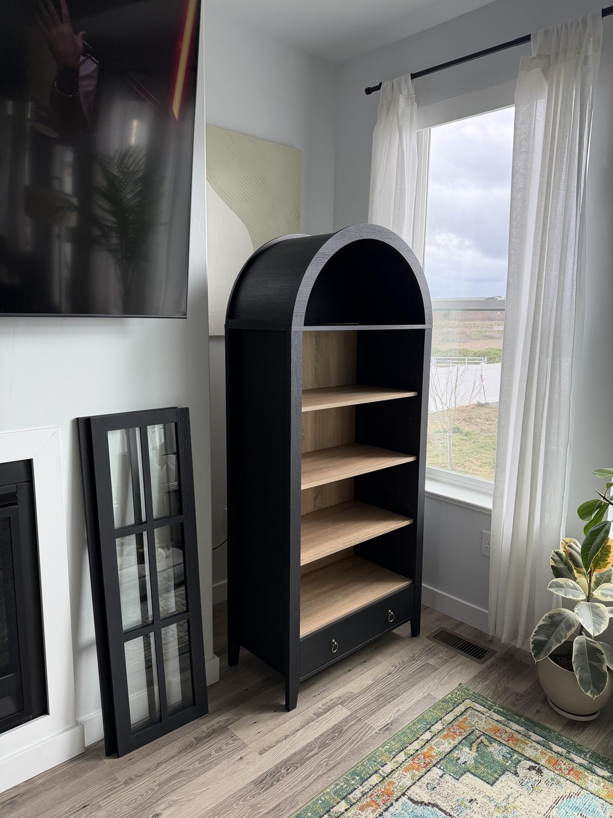 Farmhouse Arched Cabinet with Glass Doors, Wood Display Cabinet with Drawer and Adjustable Shelves, 71