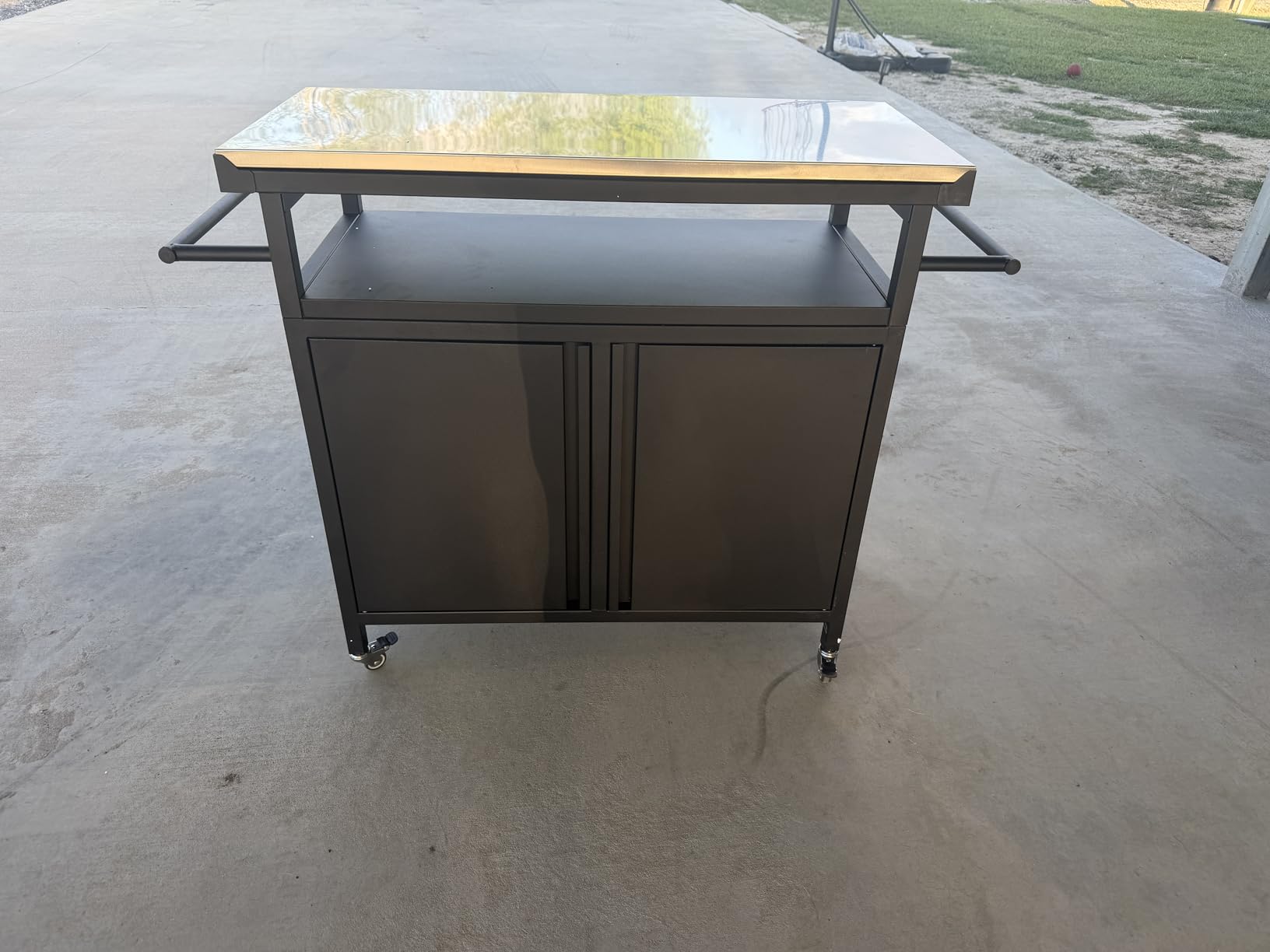 Outdoor Grill Cart Bar Cart with Storage Cabinet for Grilling Accessories, XL Portable Outdoor Grill Table with Stainless Steel Top for Kitchen Prep, Lawn & Garden（Black） customer photo 1