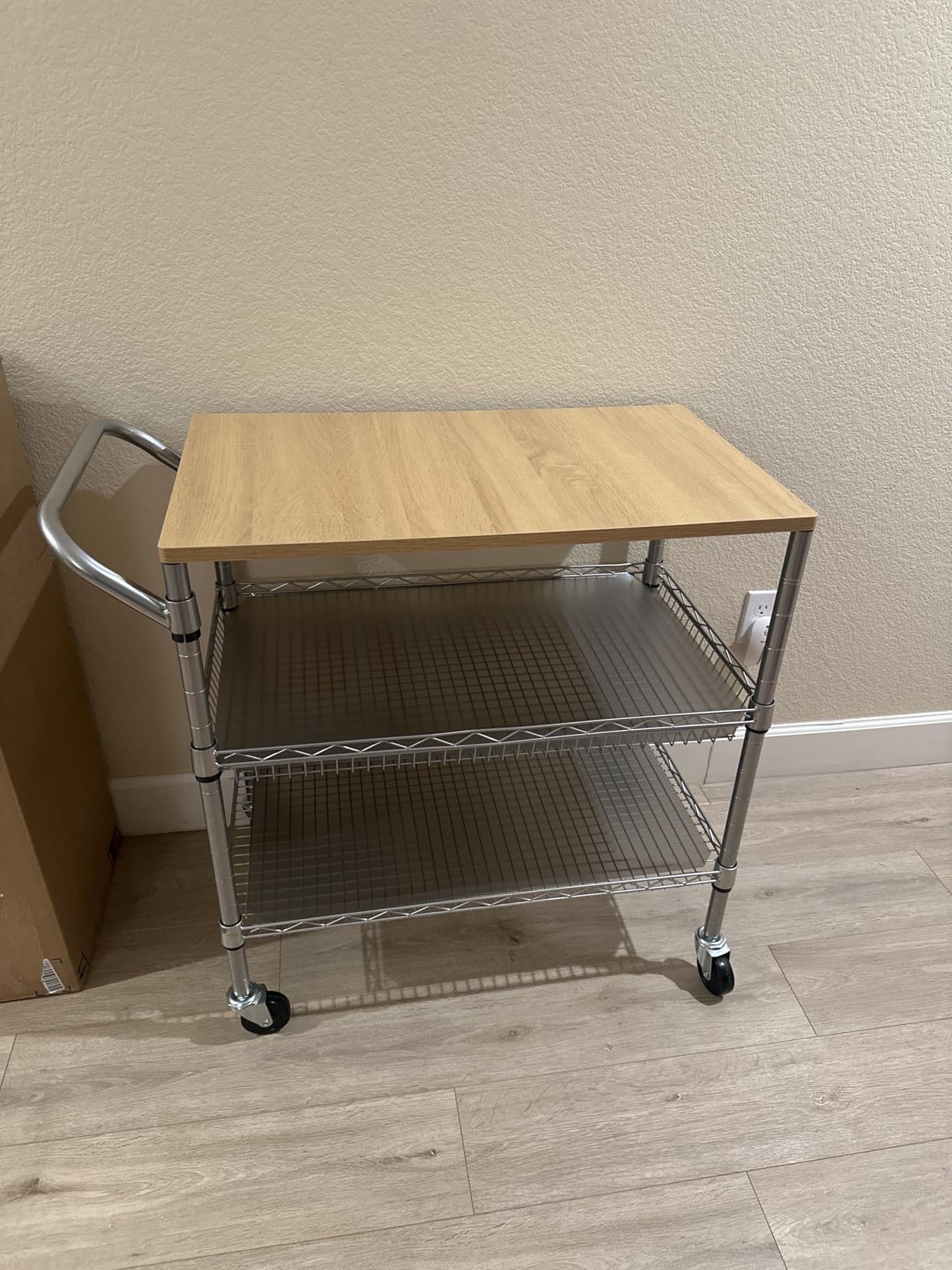 NTE Rolling Kitchen Carts on Wheels, 650Lbs Capacity 3 Tier Utility Cart with Wood Tabletop, Kitchen Storage Cart with 8 Hooks, Metal Serving Cart with Handle and Shelf Liners for Kitchen, Restaurant customer photo 1