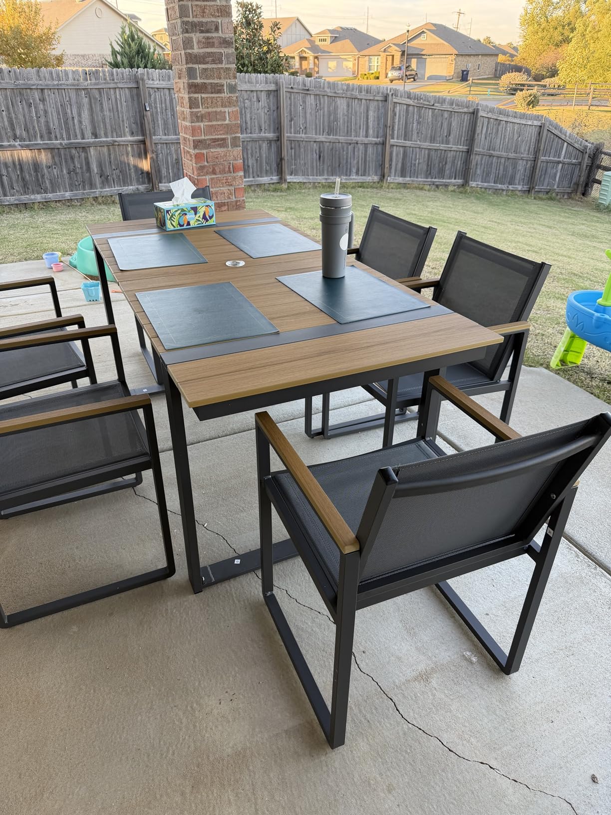 Outdoor Dining Set, HDPS + Aluminum Patio Table and Chairs Set with U-Shaped Base, 7 Piece Outdoor Furniture Set with Umbrella Hole, Patio Dining Table Set for Garden, Backyard (Gray-Teak) customer photo 2