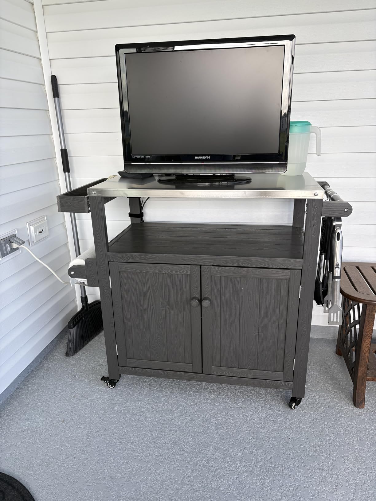 Weatherproof HIPS Outdoor Kitchen Island with Stainless Steel Top & Storage Cabinet, Movable Prep Table with Wheels for BBQ Food Prep, Outdoor Grill Cart for Parties, Black customer photo 1