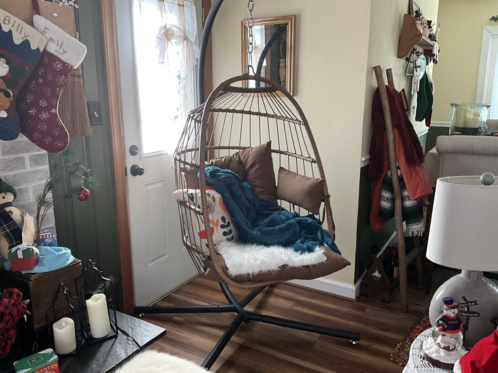 SereneLife Hanging Egg Chair with Stand - Wicker Rattan Outdoor Swing Chair, Powder-Coated Steel Frame, Padded Cushion & Headrest - Ideal Swinging Chair for Bedroom, Patio, Backyard - 350 lbs Load customer photo 1