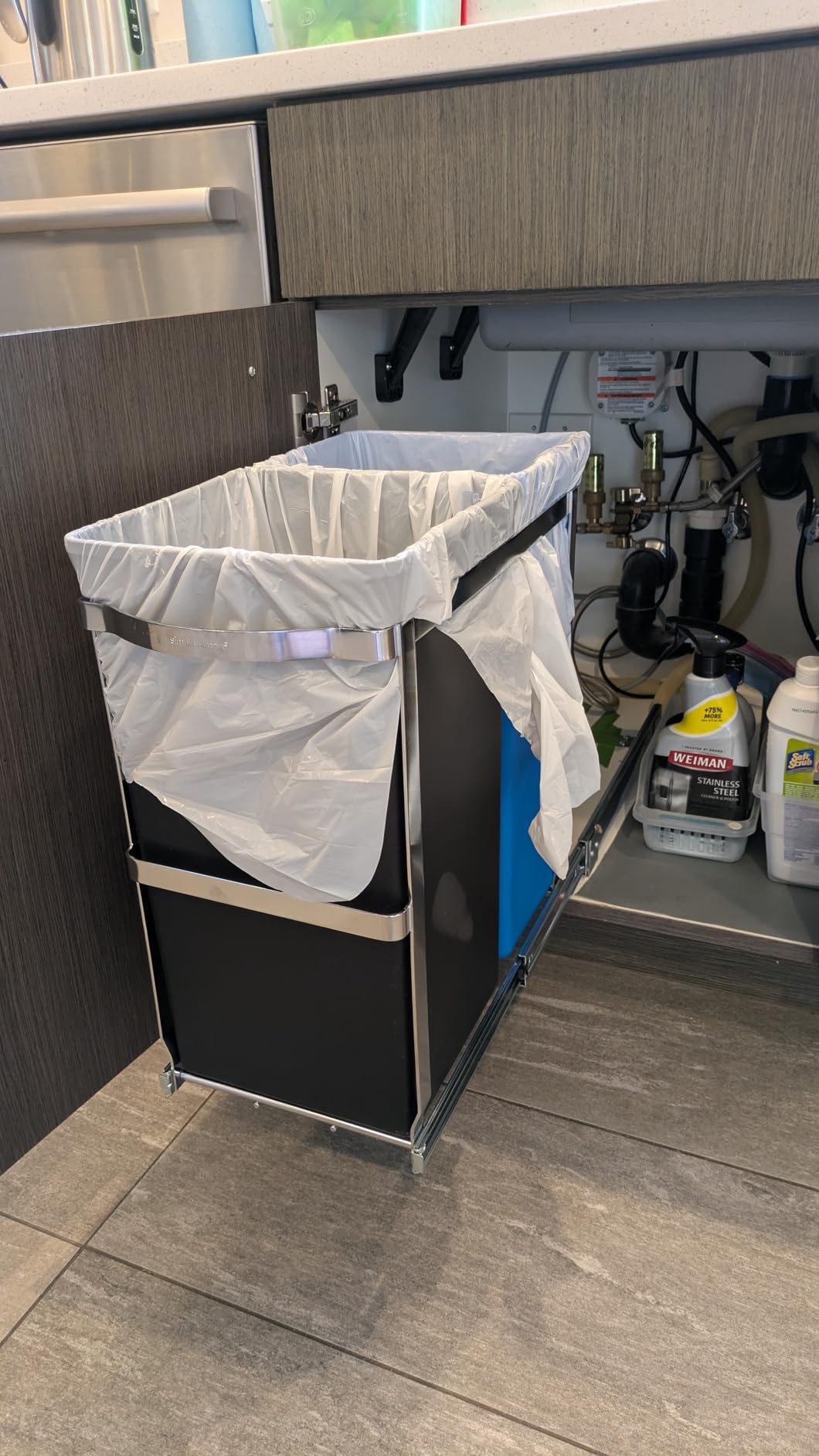 simplehuman 35 Liter / 9.3 Gallon Dual Compartment Under Counter Kitchen Cabinet Pull-Out Recycling Bin and Trash Can, Chrome customer photo 1