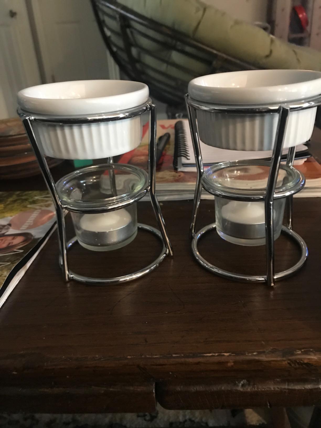 RSVP International Kitchen Collection Butter Warmer Set, Includes Stoneware Cups, Glass Tealight Holder, Candles and 5-Inch Tall Chrome Wire Frames, 1/3-Cup Capacity, White customer photo 1