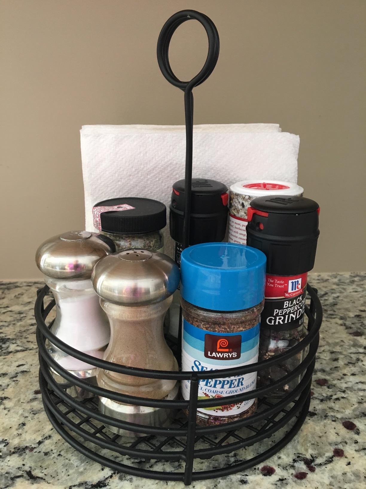 G.E.T. 4-31850 Black Round Stainless Steel Condiment Caddy Iron Teflon Coated Table Caddies Collection, Non Stick, 7.5