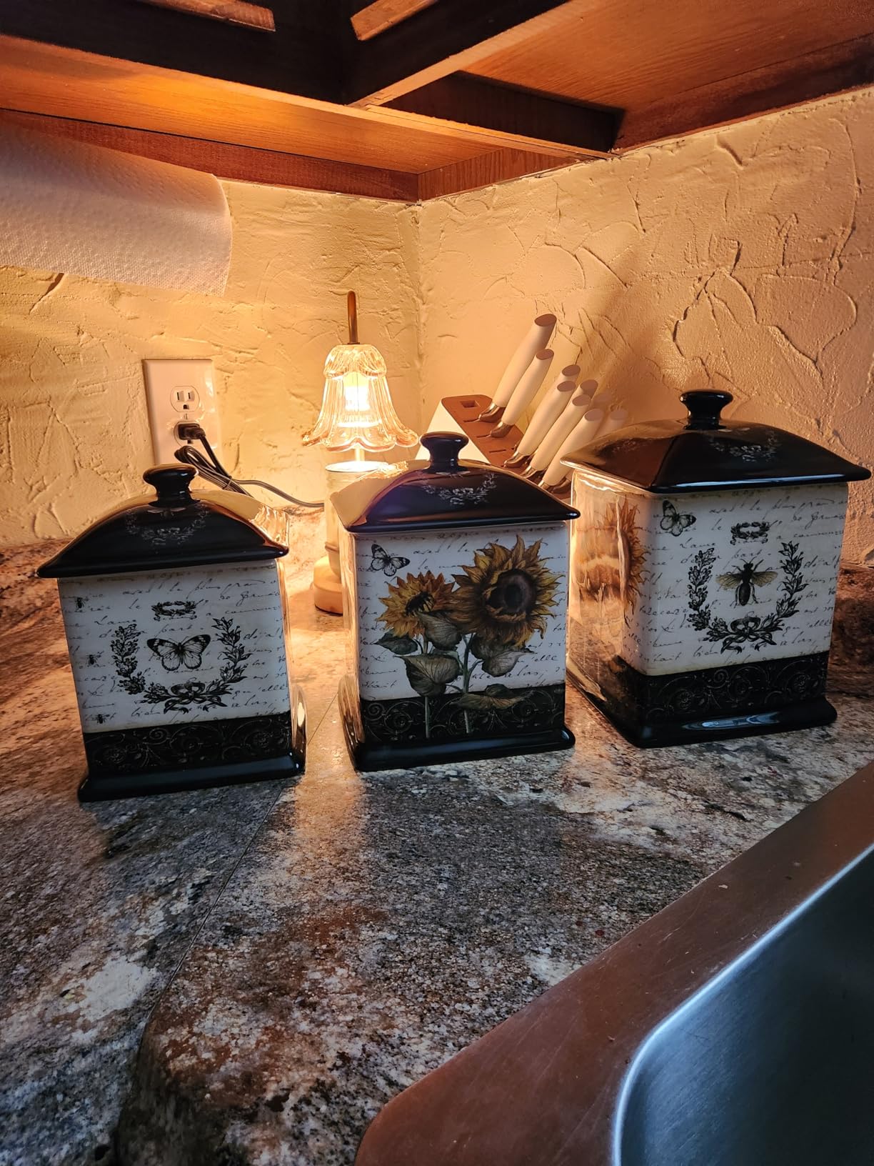Certified International French Sunflowers Canister Set, Set of 3 Ceramic Kitchen Storage Jars with Lids, Vintage Sunflower Decor, Floral Bee Butterfly Design, 56/60/96 oz customer photo 1