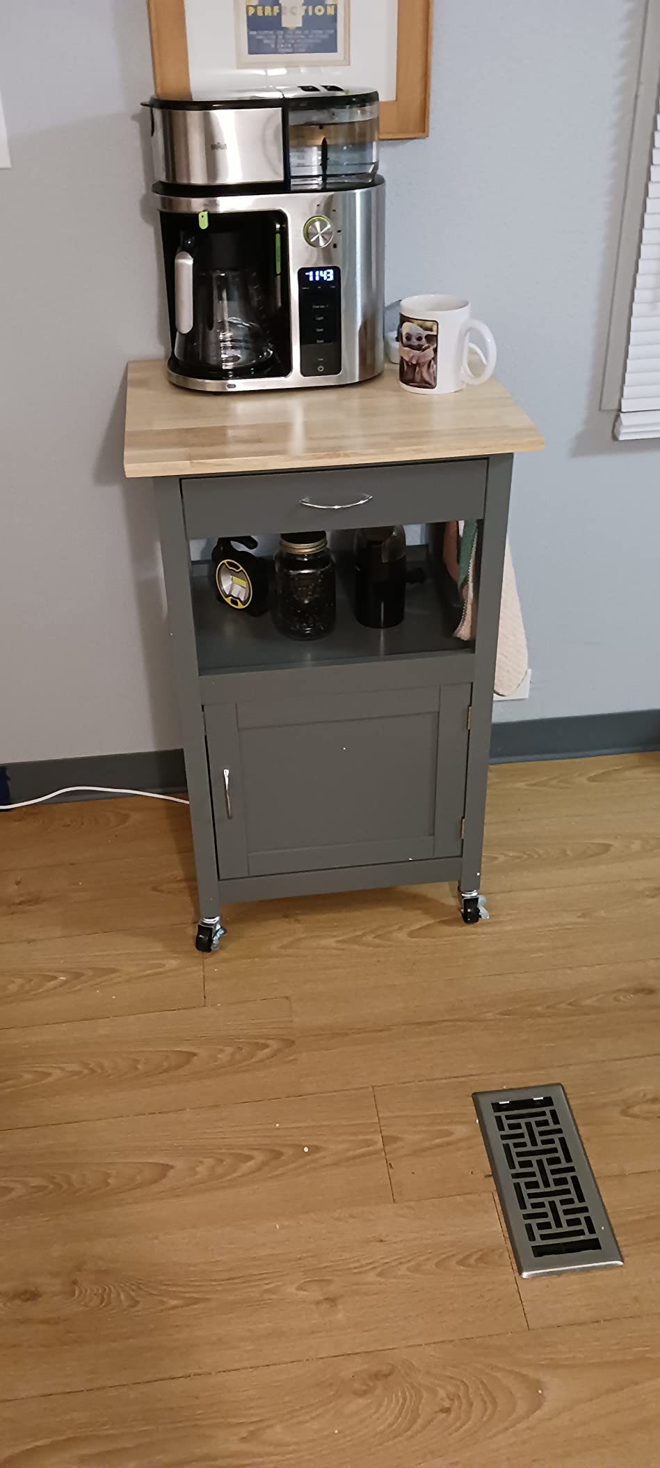 eHemco Kitchen Island Cart on Wheels with Drawer, Storage Cabinet, Shelf and Natural Solid Hardwood Top, White Base customer photo 1
