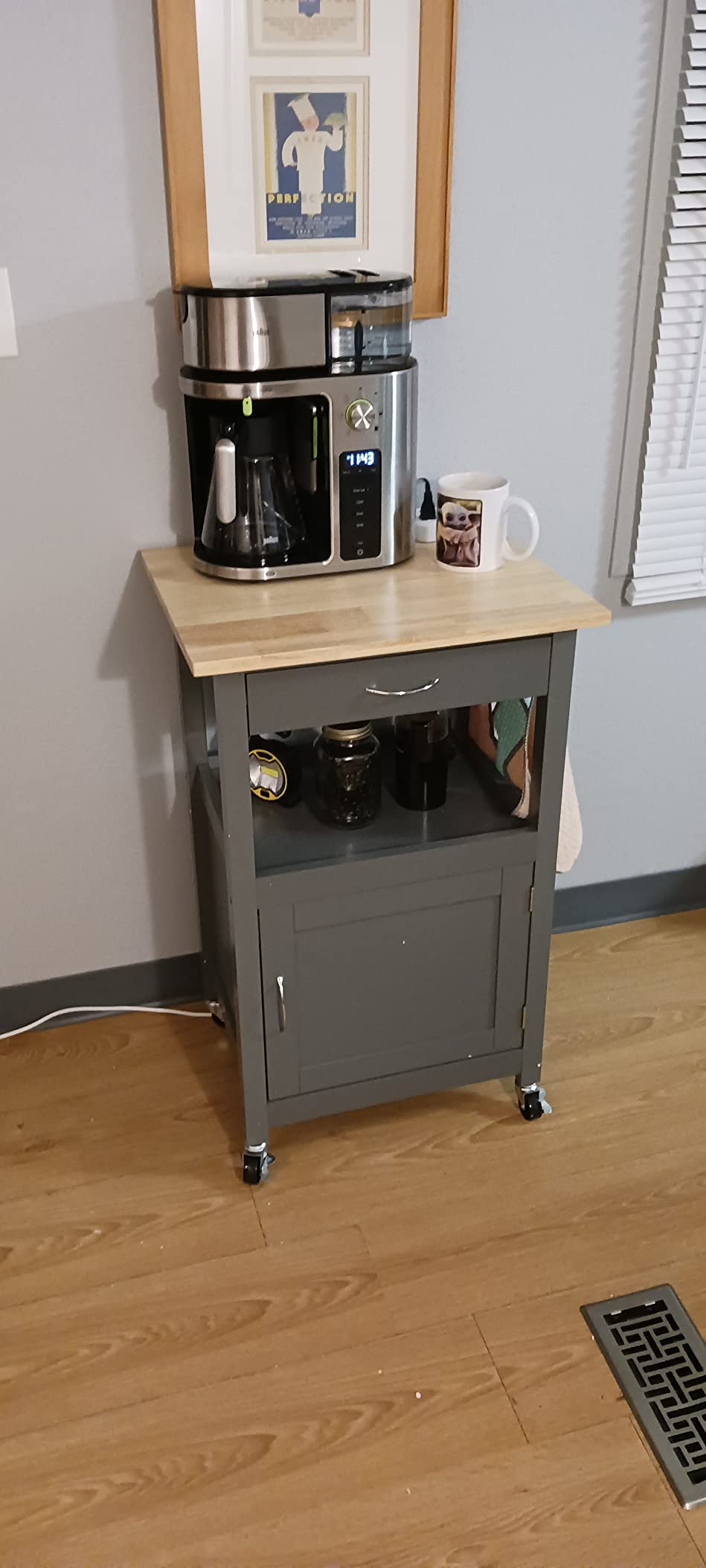 eHemco Kitchen Island Cart on Wheels with Drawer, Storage Cabinet, Shelf and Natural Solid Hardwood Top, White Base customer photo 2