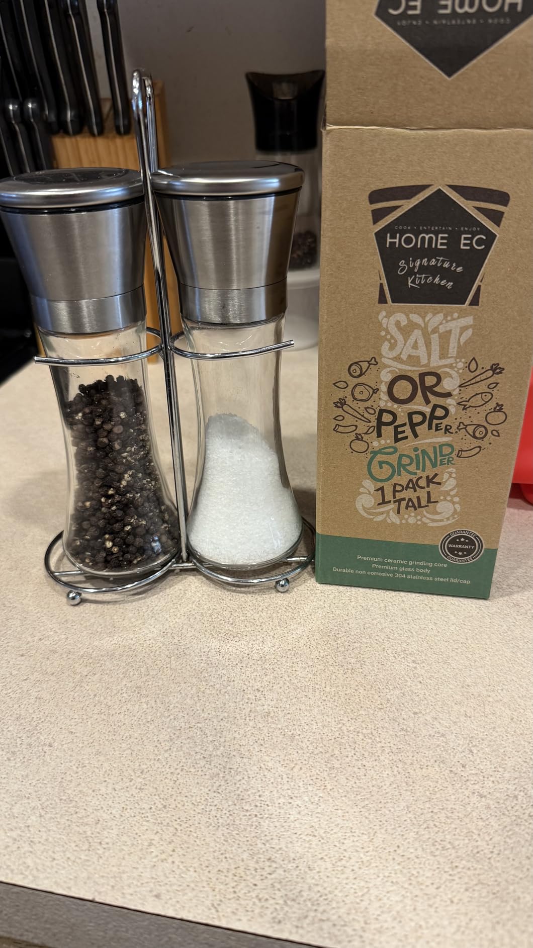 Home EC Premium Stainless Steel Sea Salt and Pepper Grinder Set of 2 - Adjustable Ceramic - Tall Glass Salt and Pepper Shakers - Kitchen Spice Mill W/Funnel & EBook customer photo 1
