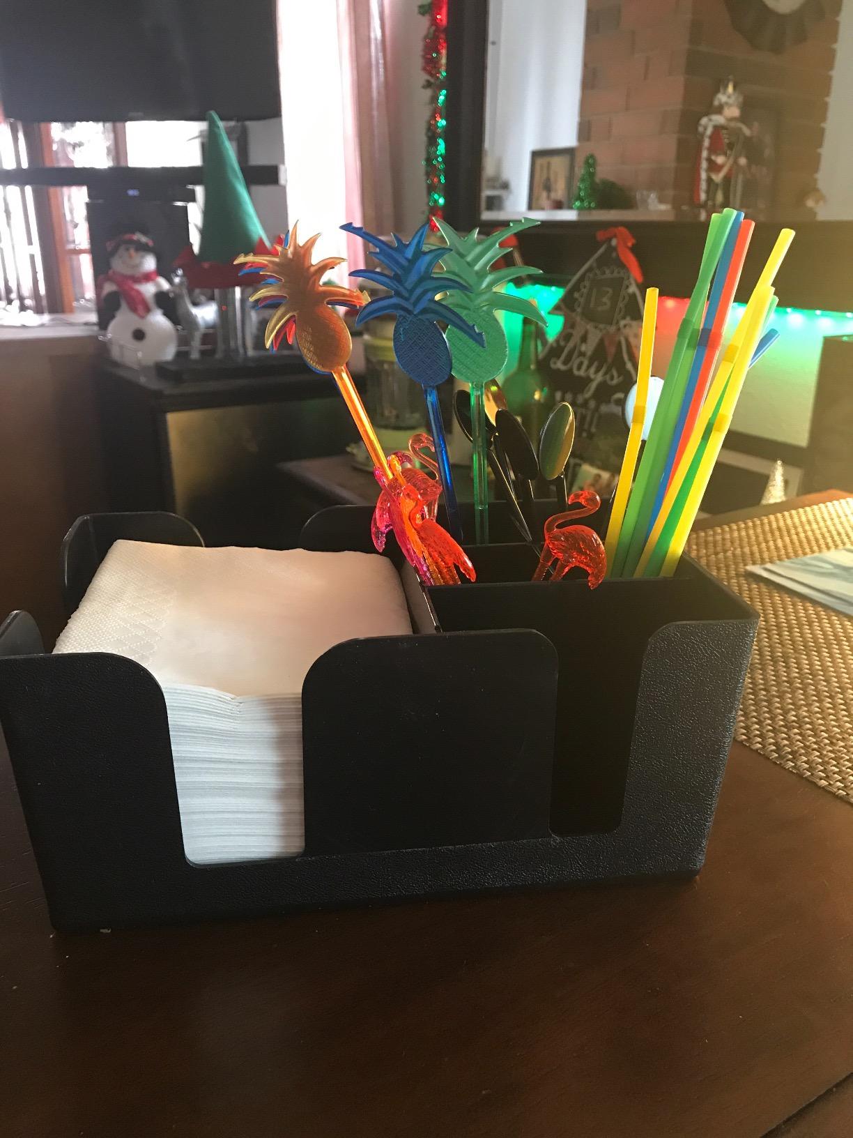 Trendy Bartender Bar Caddy Organizer (6 Compartments) Fully Loaded with Bar Supplies Napkins, Cocktail Straws, and Swizzle Sticks - Heavy-Duty Refillable Organizer - Black customer photo 1