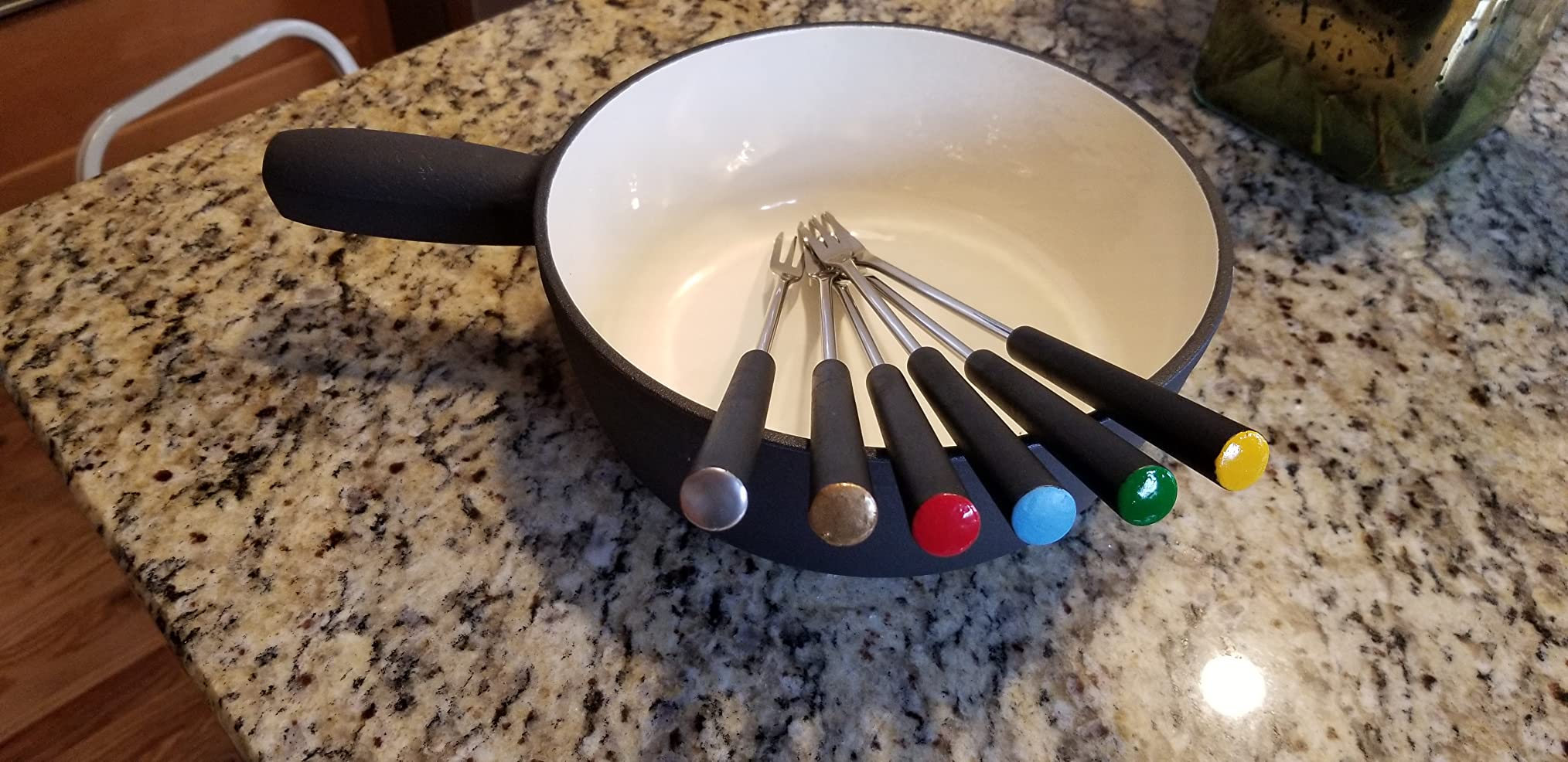 Artestia Cast Iron Fondue Pot Set for Cheese & Chocolate, Fondue Set for 6 with Burner & 6 Forks, Blue customer photo 1