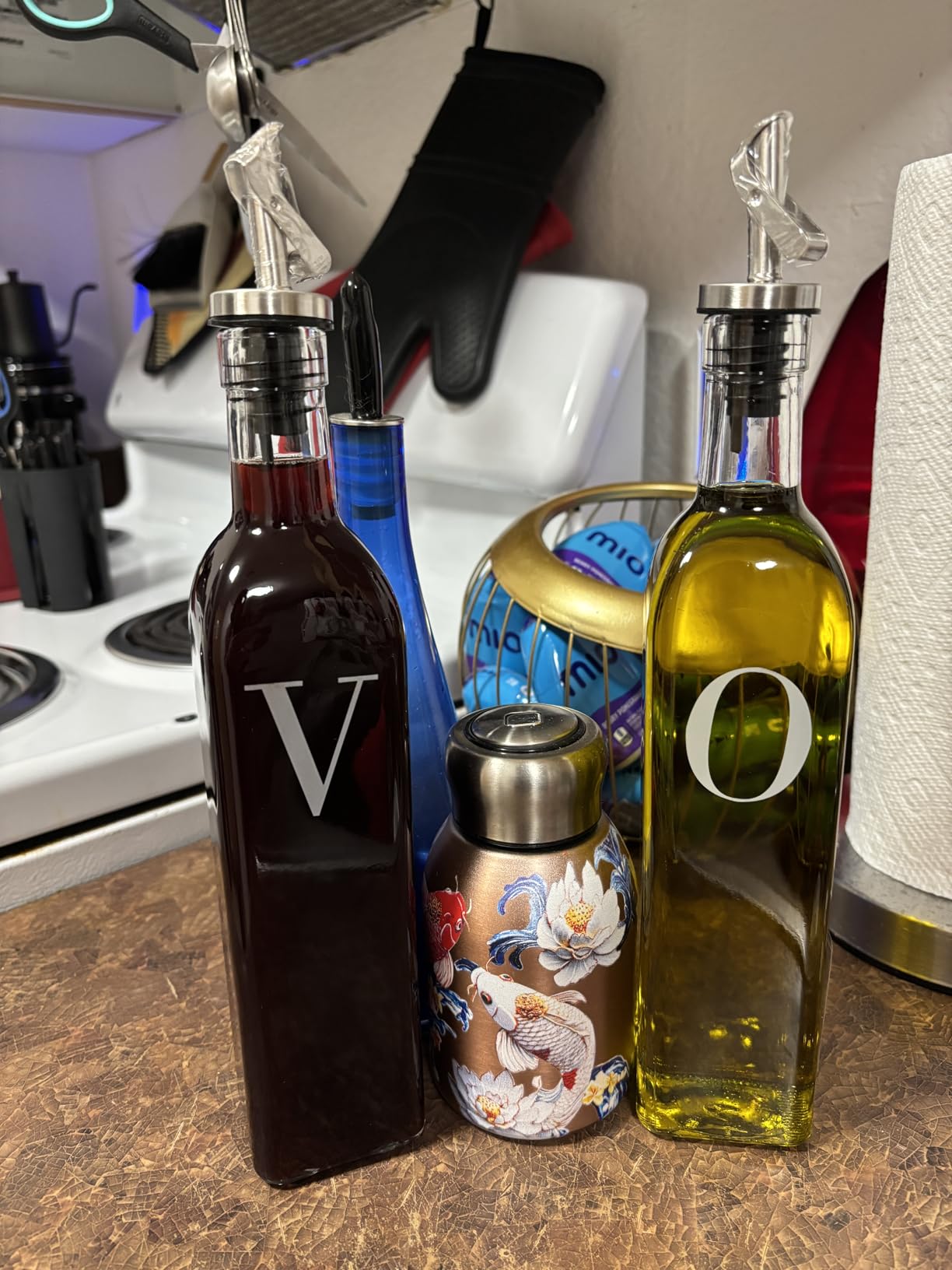 GREENOLIVE Olive Oil and Vinegar Dispenser Set - 17 oz. Glass Bottles with No-Drip BPA-Free Spouts - Stylish O and V Identifiers for Kitchen and Dining Use - Set of 2 customer photo 1