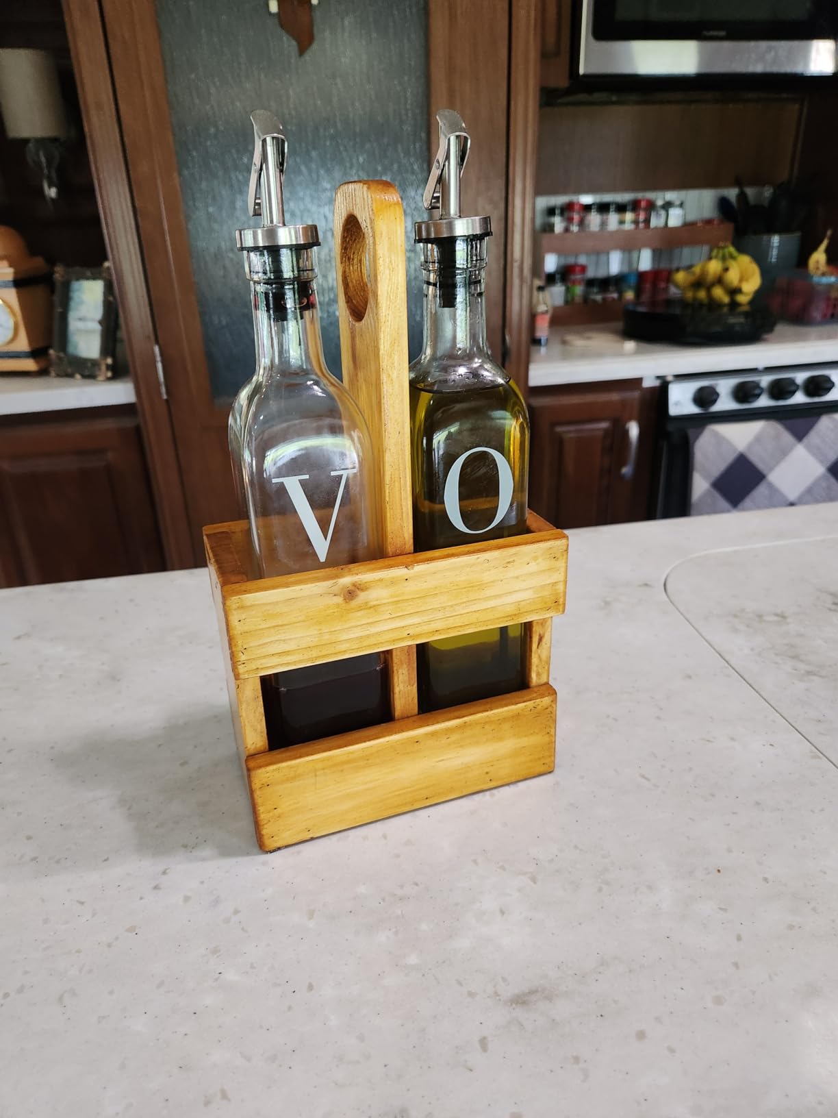 GREENOLIVE Olive Oil and Vinegar Dispenser Set - 17 oz. Glass Bottles with No-Drip BPA-Free Spouts - Stylish O and V Identifiers for Kitchen and Dining Use - Set of 2 customer photo 2