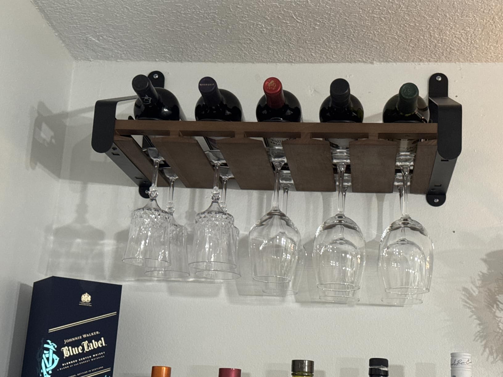 Rustic State Barrel Wall Mount Wood Floating Wine Rack with Glassware Holder Stemware Shelf Organizer for 5 Bottle and up to 15 Glass Storage customer photo 2