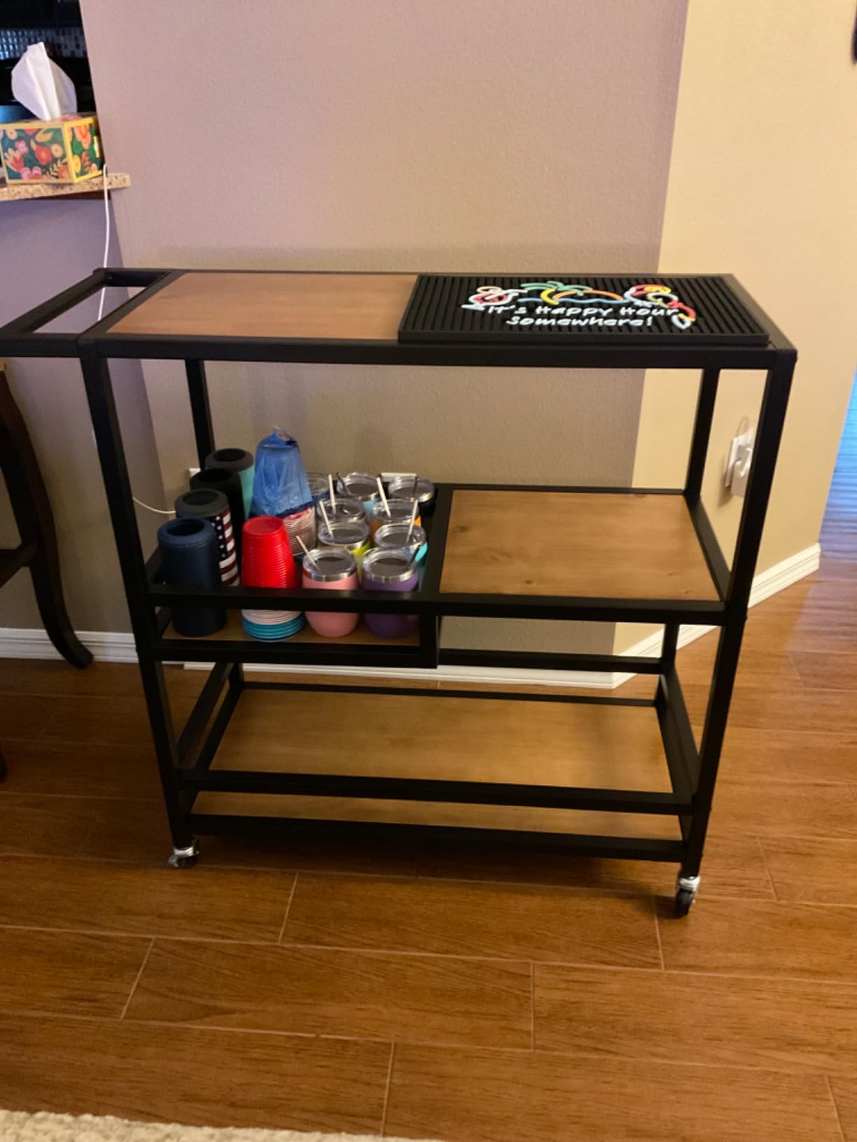 Industrial Portable Kitchen Island on Wheels,Bar Carts for the Home Wine Bar Beverage Coffee Cart,Metal Rolling kitchen carts and islands,Wood and Pipe 3-Tier Butcher Block Island Food Serving Cart customer photo 1