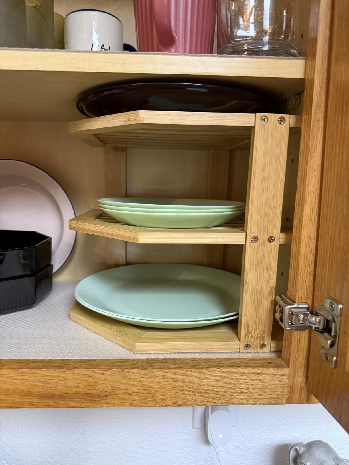 Plate Organizer for Cabinet - 3 Tier Bamboo Corner Shelf Cabinet Organizer for Plates, Bowls, Mugs and Pantry Storage, Space Saving Countertop and Cabinet Corner Shelf, 10 x 10 x 9.5 Inch, Bambusi customer photo 2