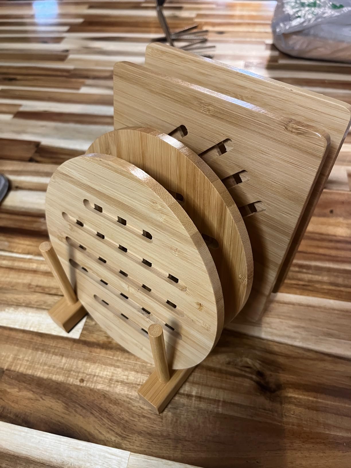 Bamboo Trivet Kitchen Bamboo Hot Pads Trivet Natural Bamboo Trivet Mat Set - 2 Square 2 Roundness 1 Storage Rack customer photo 2