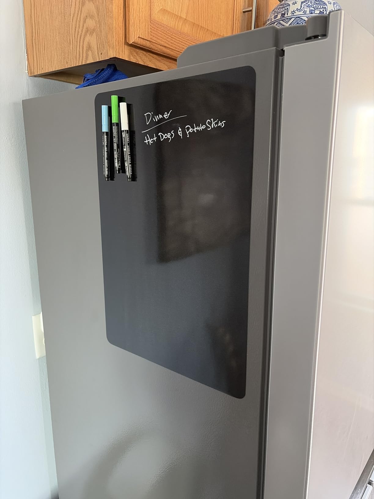 Magnetic Black Dry Erase Board for Fridge (12 x 8 inch), Stain-Resistant w/ 3 Magnetic, Fine-Tip Neon Chalk Markers & Eraser by Yes4Quality customer photo 1