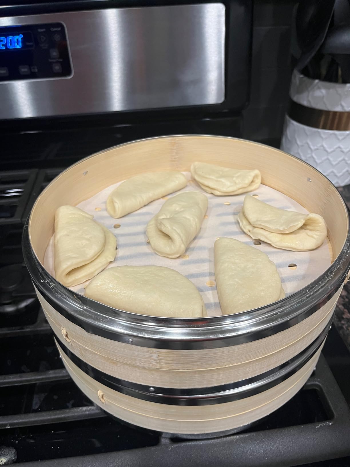 3 Tier Kitchen Bamboo Steamer with Double Stainless Steel Banding for Asian Cooking Buns Dumplings Vegetables Fish Rice customer photo 1