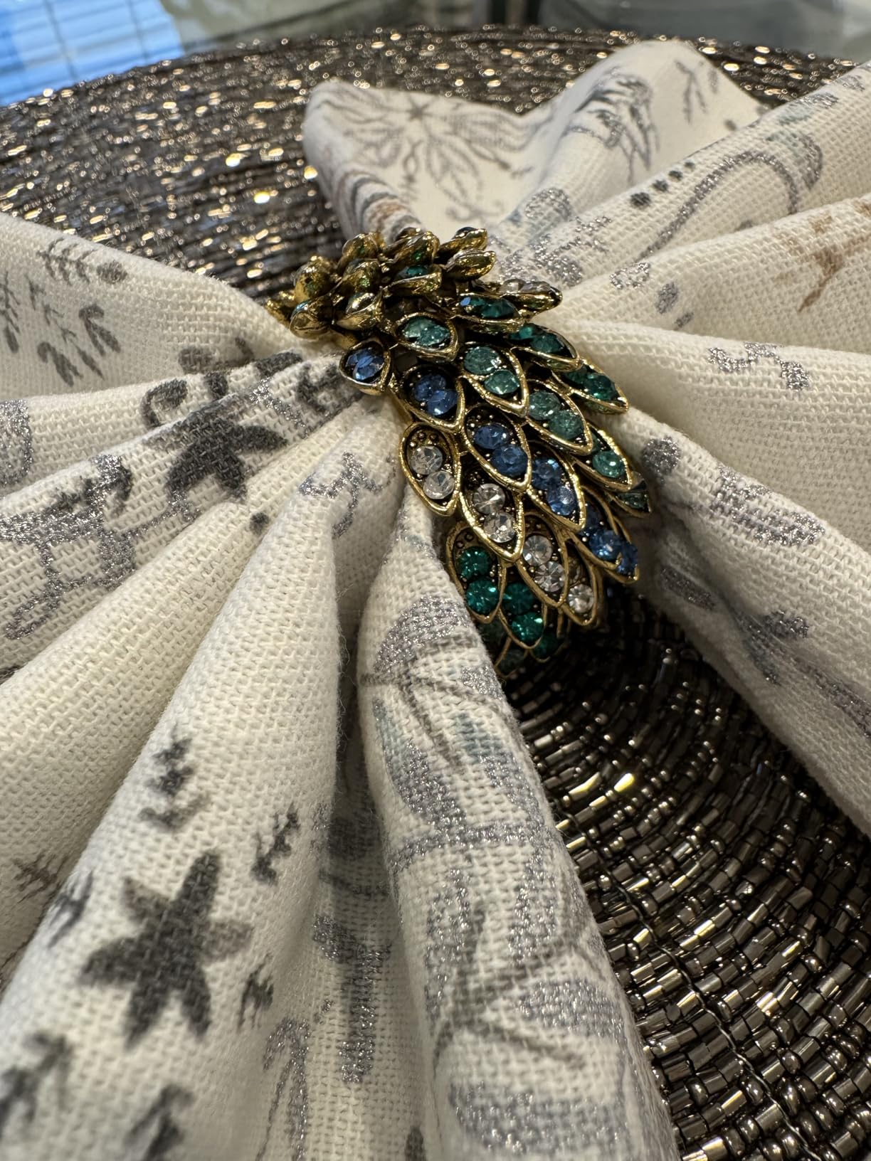 Jeweled Napkin Rings Set of 6 - Vintage Metal Crystal Rustic Peacock Napkin Ring Holders for Wedding Party Holiday, a Beautiful Dinner Table Decor (Multicolor) customer photo 1