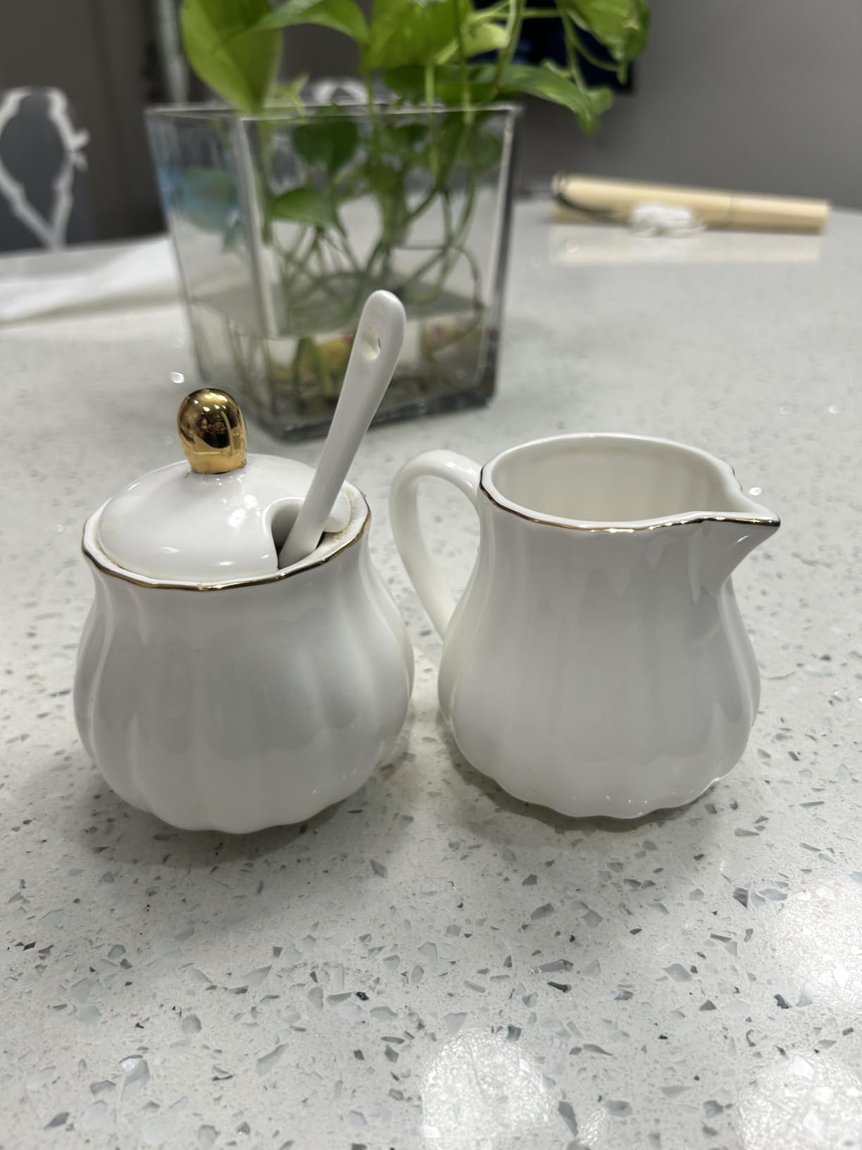 Sweejar Royal Ceramic Sugar and Creamer Set, 3 Piece Set with Cream Pitcher, Sugar Bowl, Sugar Set with Lid & Spoon, Coffee Serving Set (White) customer photo 1