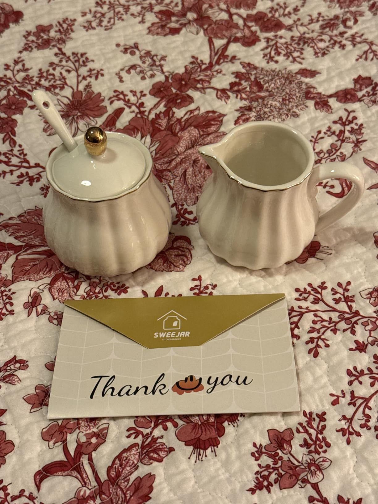 Sweejar Royal Ceramic Sugar and Creamer Set, 3 Piece Set with Cream Pitcher, Sugar Bowl, Sugar Set with Lid & Spoon, Coffee Serving Set (White) customer photo 2