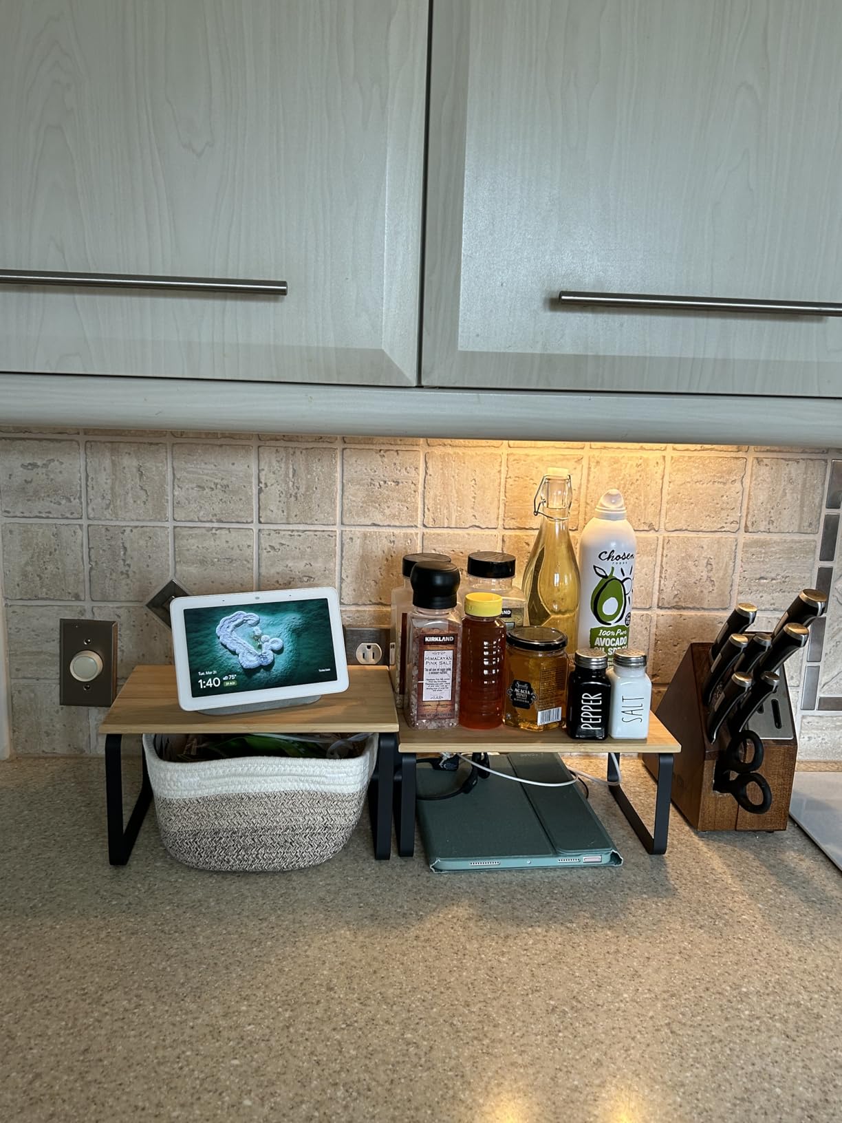 SONGMICS Cabinet Organizer Shelf, Set of 2 Kitchen Counter Shelves, Kitchen Storage, Spice Rack, Stackable, Expandable, Metal and Engineered Wood, Cloud White and Natural Beige customer photo 2