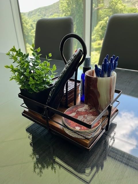 Gourmet Basics by Mikasa Nova Rotating Condiment Caddy, Handcrafted Iron and Acacia Wood Table Organizer with Spinning Platform and Carrying Handle, Contemporary Black Finish customer photo 1