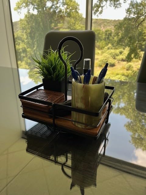 Gourmet Basics by Mikasa Nova Rotating Condiment Caddy, Handcrafted Iron and Acacia Wood Table Organizer with Spinning Platform and Carrying Handle, Contemporary Black Finish customer photo 2