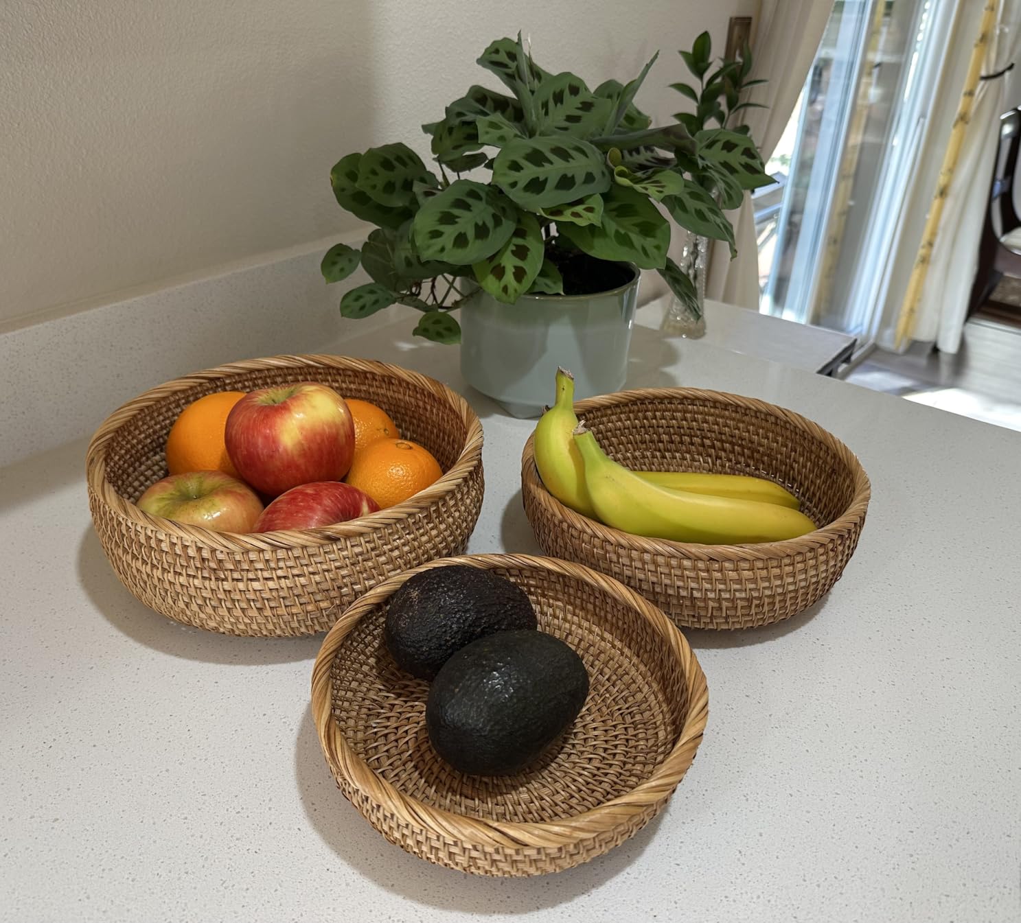 Round Rattan Fruit Baskets Woven Storage Bowls Key Holder Stackable for Shelf Kitchen Tabletop Natural Set of 3 customer photo 2