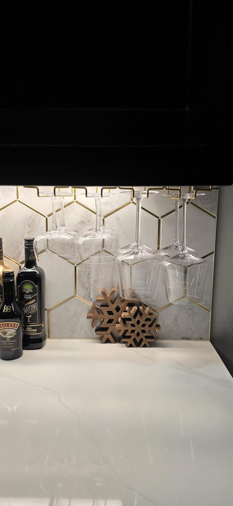 Nuovoware Wine Glass Rack - Under Cabinet Stemware Wine Glass Hanger Rack Holder for Bar Kitchen Cabinet, 3 Rows - Gold customer photo 2