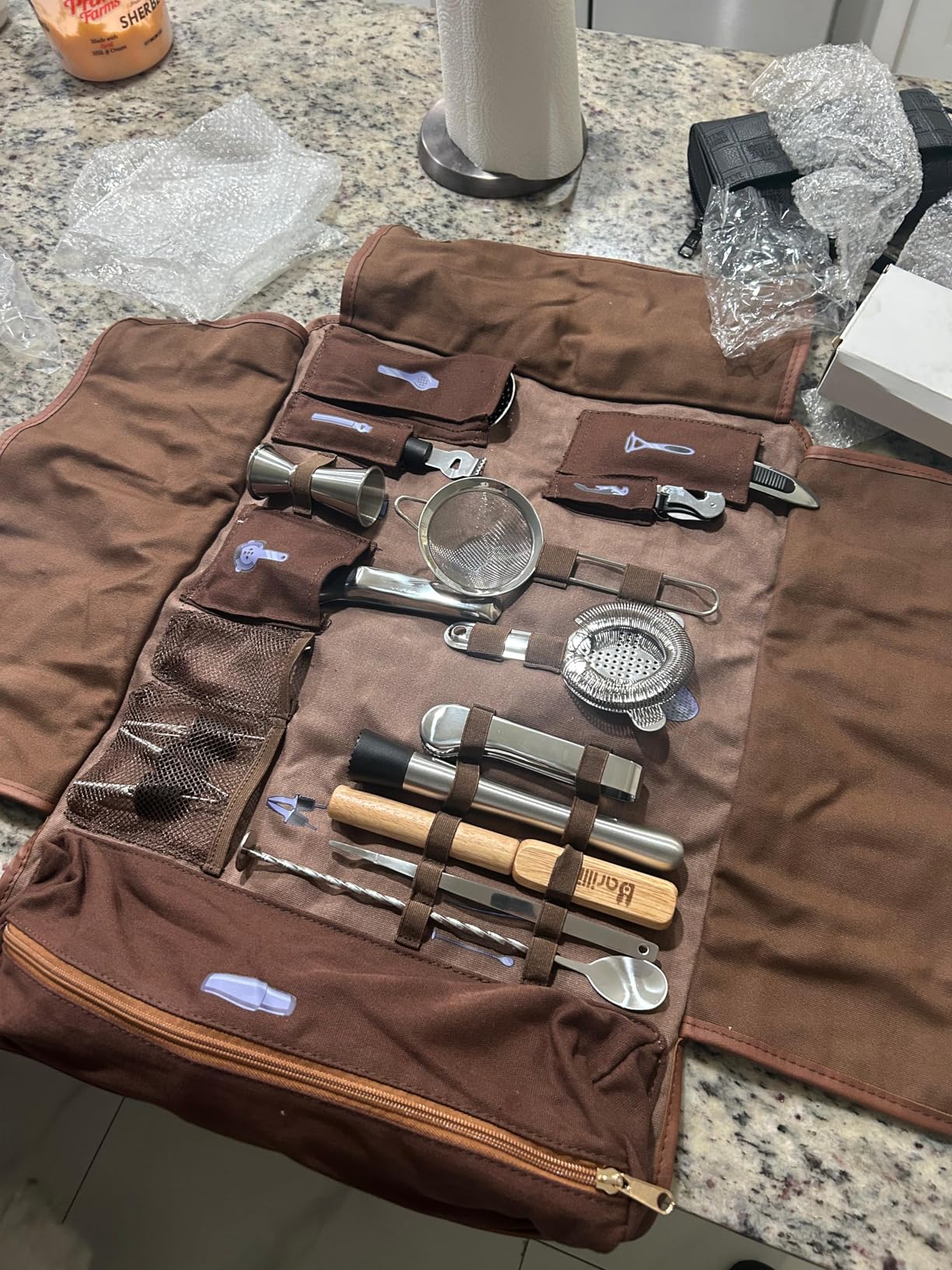 Barillio Bartender Kit Bag with Cocktail Shaker Set - Waxed Canvas, Traveling Bar Tools Bag with 17-Pc Cocktail Kit - Travel Mixology Bartending Kits - Mobile Bar Roll with Strap & Accessories customer photo 1