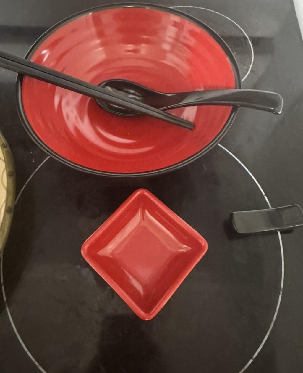 Unbreakable Ramen Bowl Set with Chopsticks and Spoon: 2 large Japanese Style Melamine Ramen Bowls, Dipping Bowls and Chopstick Stands for Asian Pho Soup Thai Miso Udon Wonton (2 Bowl Set, Red-Black) customer photo 1