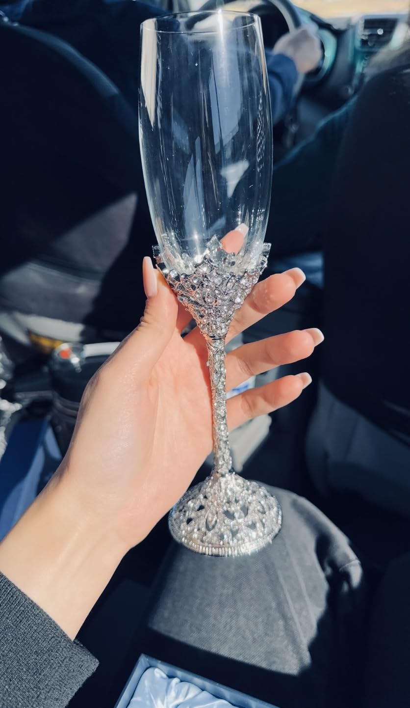 Champagne Flutes - Crystal Glass Metal Base With Crystal Stones, Set of 2 Toasting Flute Pair, Wedding Anniversary Party Birthday Banquets and Gifts for Bride and Groom(Silver) customer photo 1