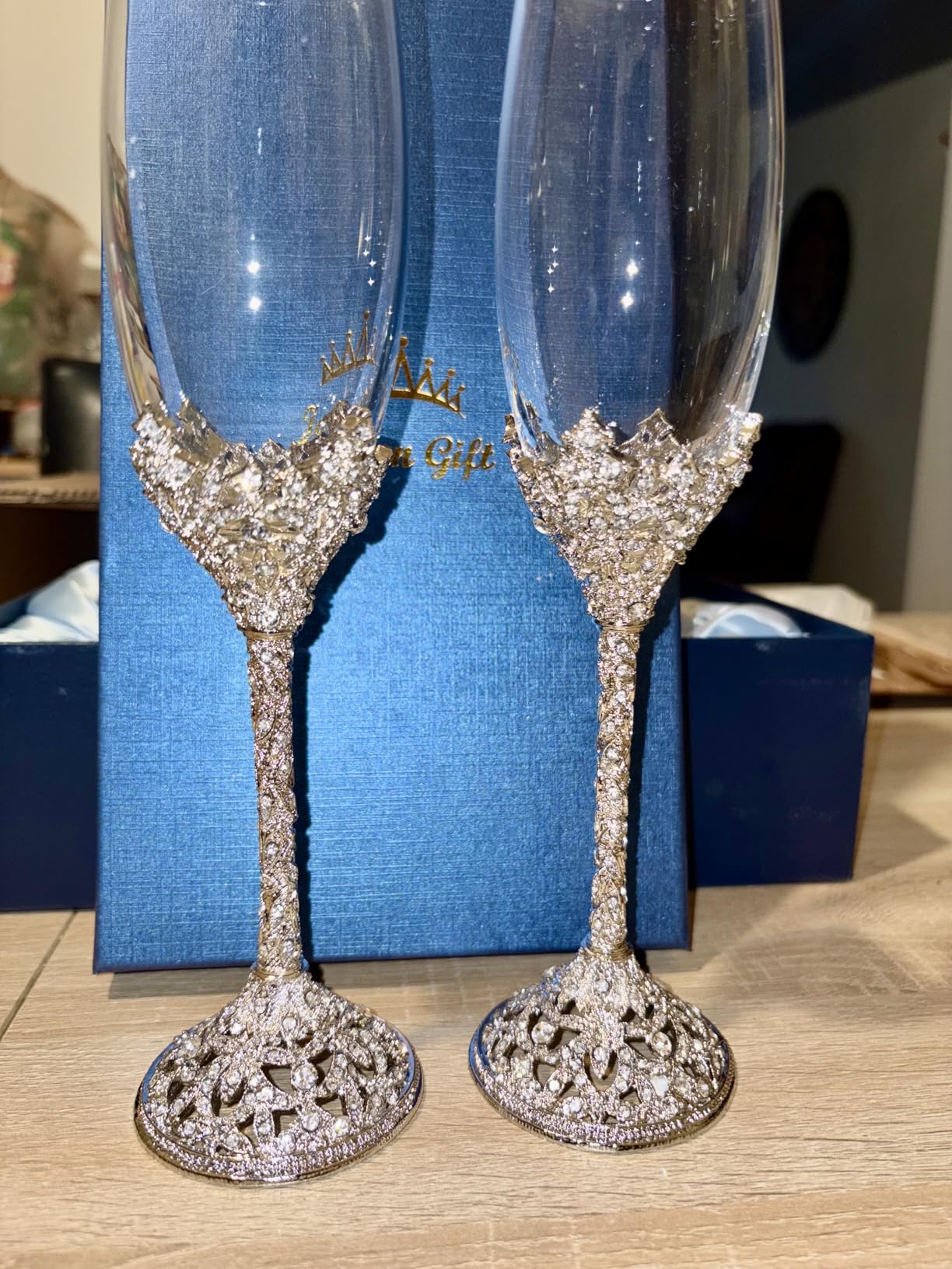 Champagne Flutes - Crystal Glass Metal Base With Crystal Stones, Set of 2 Toasting Flute Pair, Wedding Anniversary Party Birthday Banquets and Gifts for Bride and Groom(Silver) customer photo 2