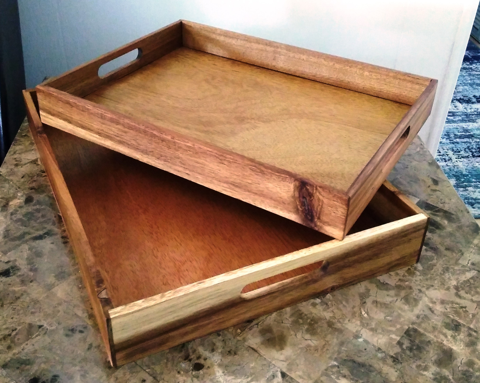 Acacia Wood Serving Tray with Handles Set of 2 - Decorative Serving Trays Platter for Breakfast in Bed, Lunch, Dinner, Patio, Ottoman, Coffee Table, BBQ, Party -Great for Lap &Couch customer photo 2