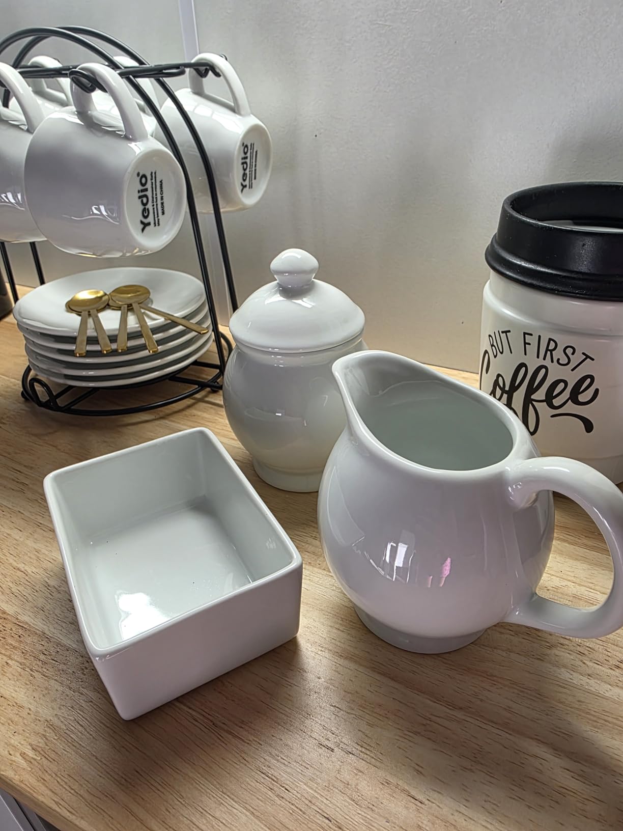 KooK Sugar and Creamer Set, 3 Piece, Pitcher, Sugar Bowl with Lid and Spoon, Sweetener Holder (White) customer photo 2