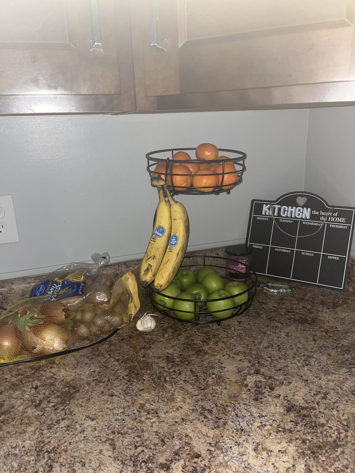 Auledio Iron 2-Tier Countertop Fruit Vegetables Basket Bowl Storage With Banana Hanger, Black customer photo 1