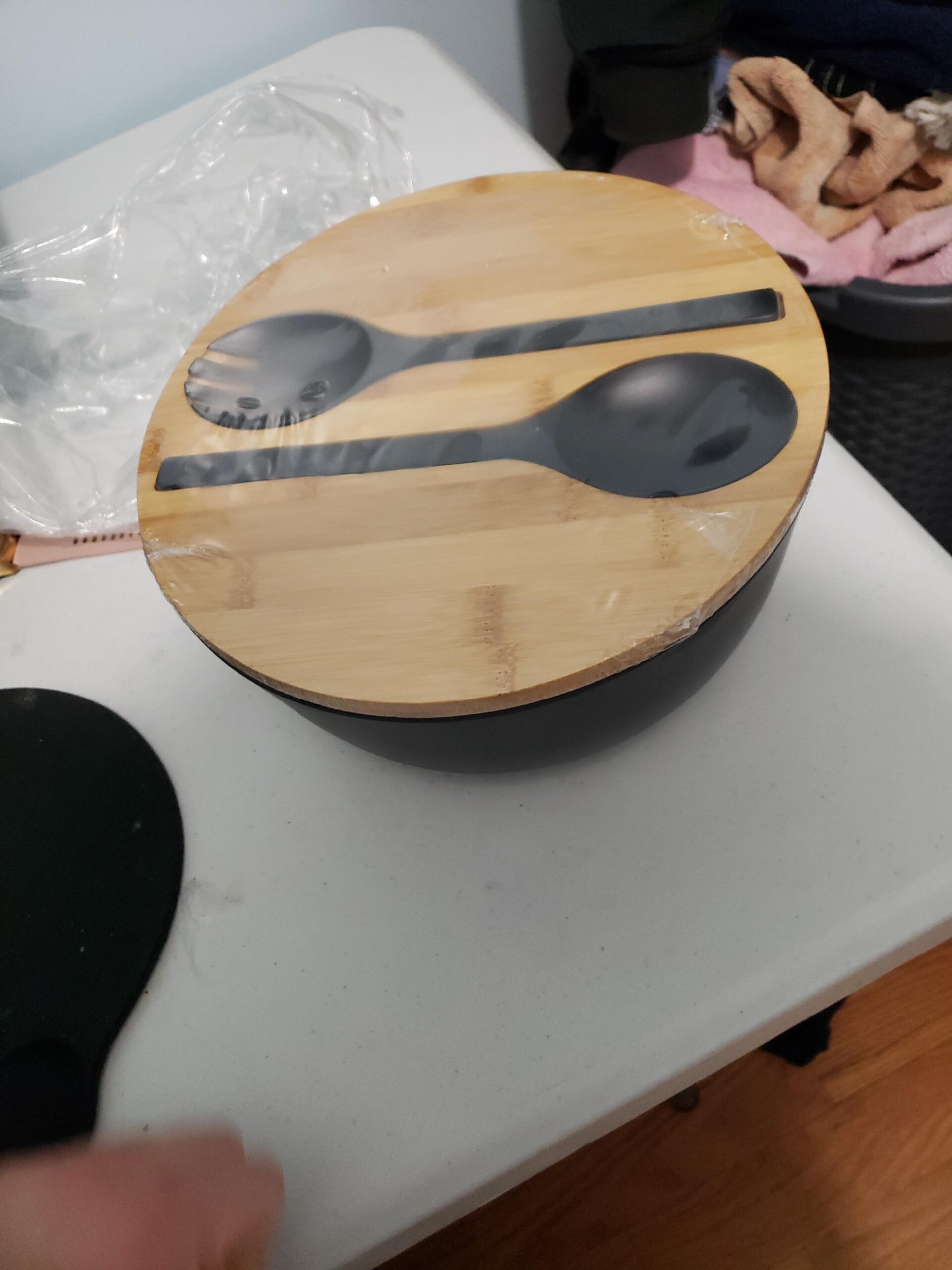 Bamboo Fiber Salad Bowl with Servers Set Large 9.8inches Nature Bamboo Mixing Bowl with Servers with Lid Spoon and Fork for Fruits, Salads and Vegetables customer photo 1