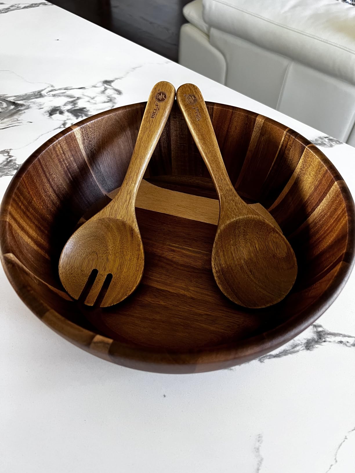 BILL.F Wooden Salad Bowl, 12'' Acacia Wood Salad Bowls Set Large Salad Mixing Bowl with Servers - 3-Piece Big Salad Bowl Set customer photo 1