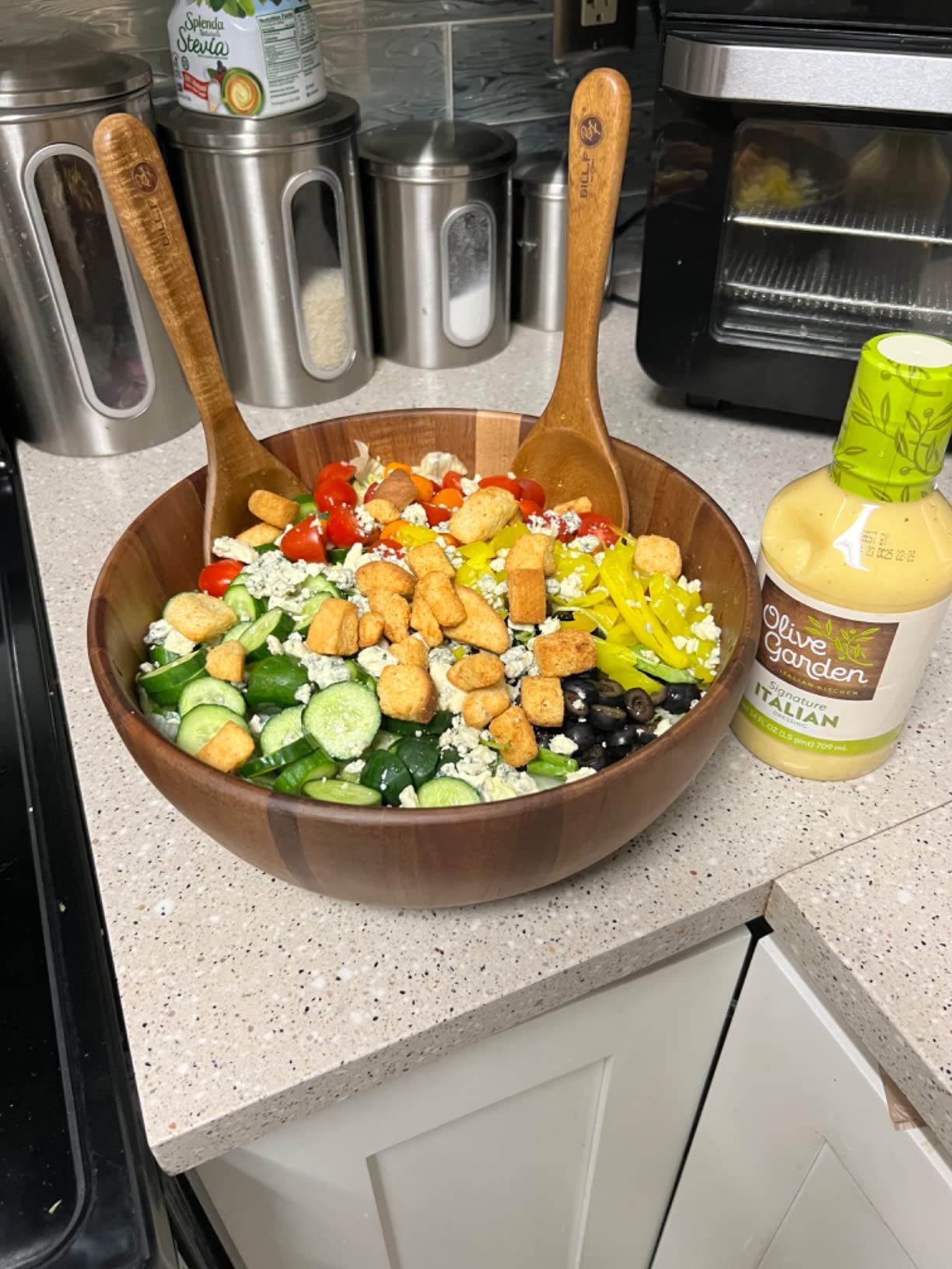 BILL.F Wooden Salad Bowl, 12'' Acacia Wood Salad Bowls Set Large Salad Mixing Bowl with Servers - 3-Piece Big Salad Bowl Set customer photo 2