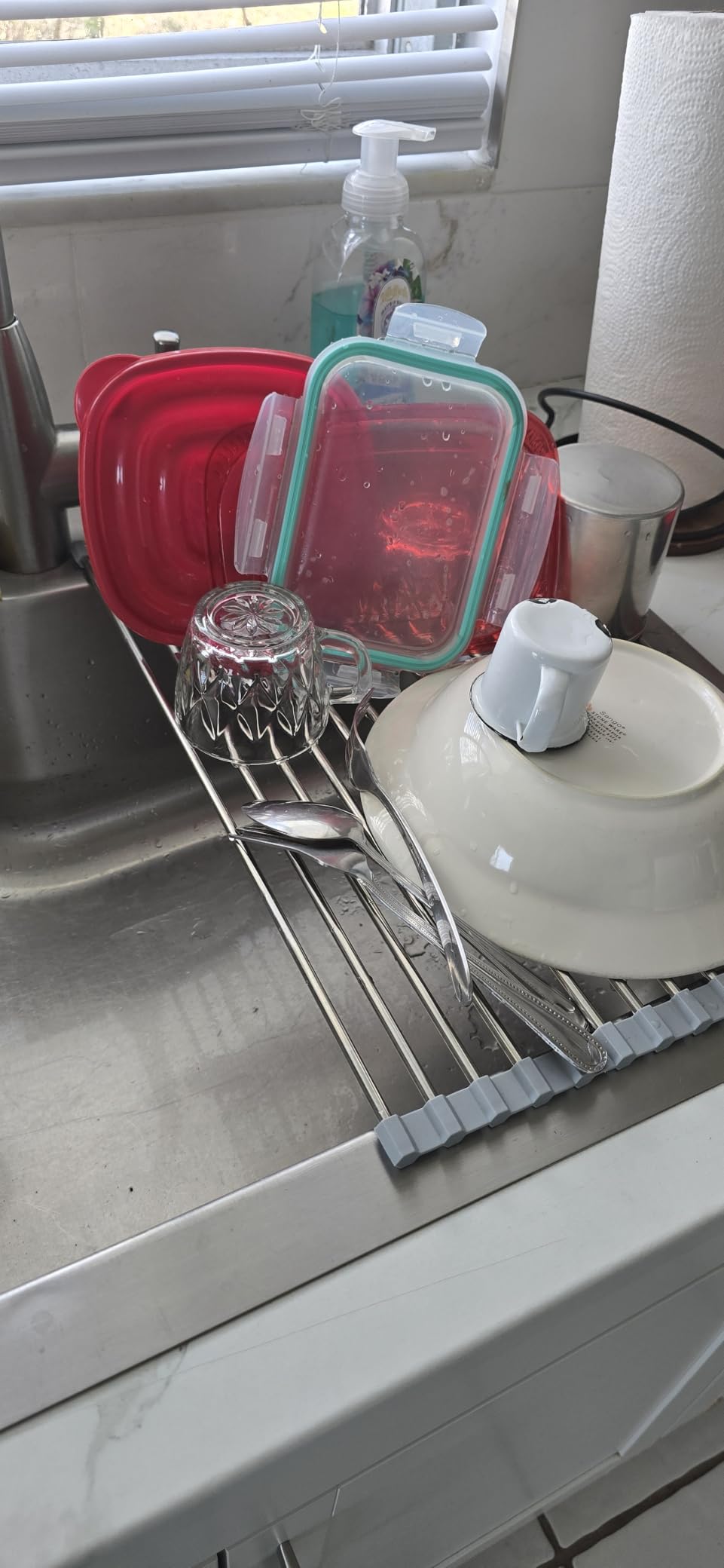 MECHEER Over The Sink Dish Drying Rack, Roll Up Dish Drying Rack Kitchen Dish Rack Stainless Steel Sink Drying Rack, Foldable Dish Drainer, 17.5''x11.8'' customer photo 2