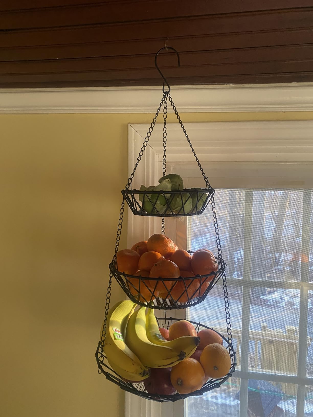 3 Tier Hanging Basket with Sturdy Metal Chain Hanging Hooks Fruit and Vegetable Basket Heavy Duty Wire Organizer Space Saving Rustic Country Style Kitchen Storage customer photo 1