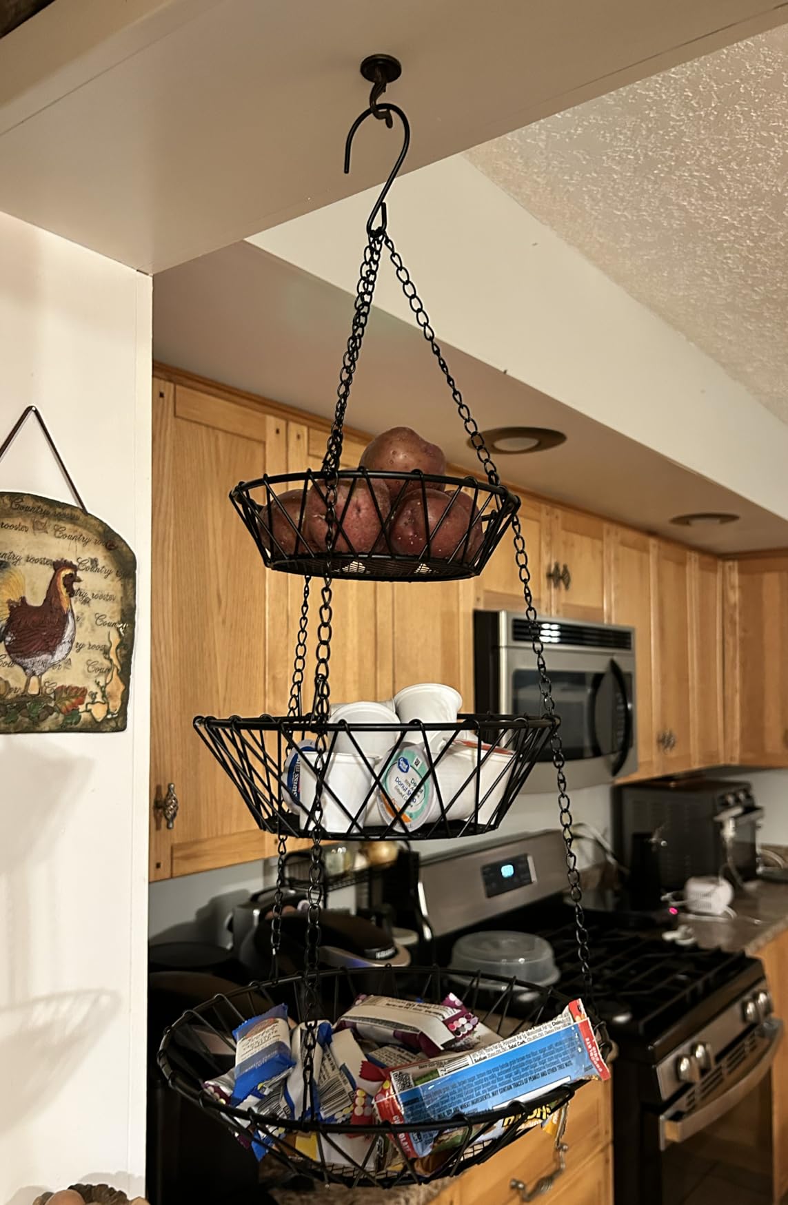 3 Tier Hanging Basket with Sturdy Metal Chain Hanging Hooks Fruit and Vegetable Basket Heavy Duty Wire Organizer Space Saving Rustic Country Style Kitchen Storage customer photo 2