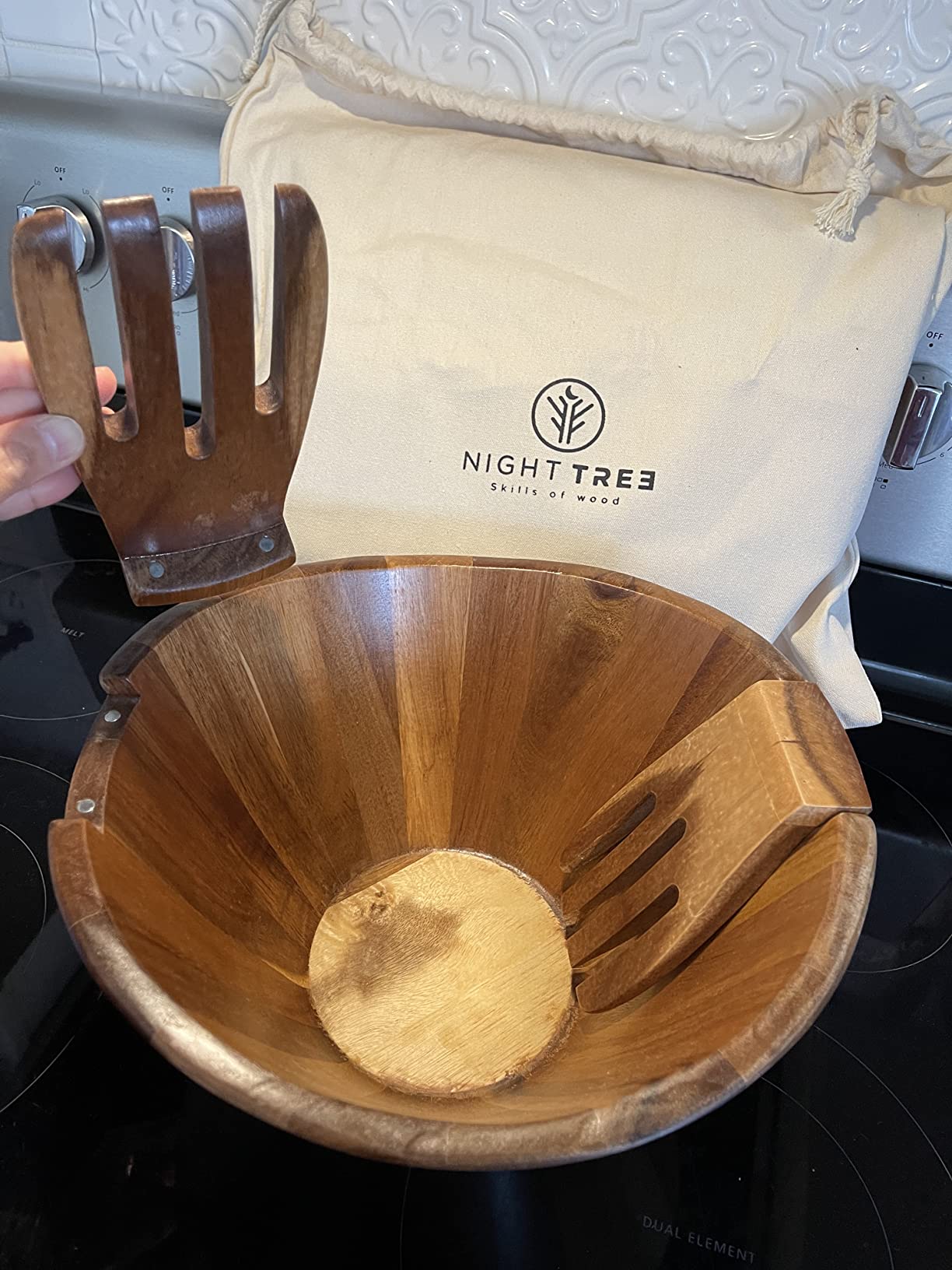 Night Tree Large wooden salad bowl with serving forks mixing, magnetic utensils fit for 6-8 servings customer photo 1